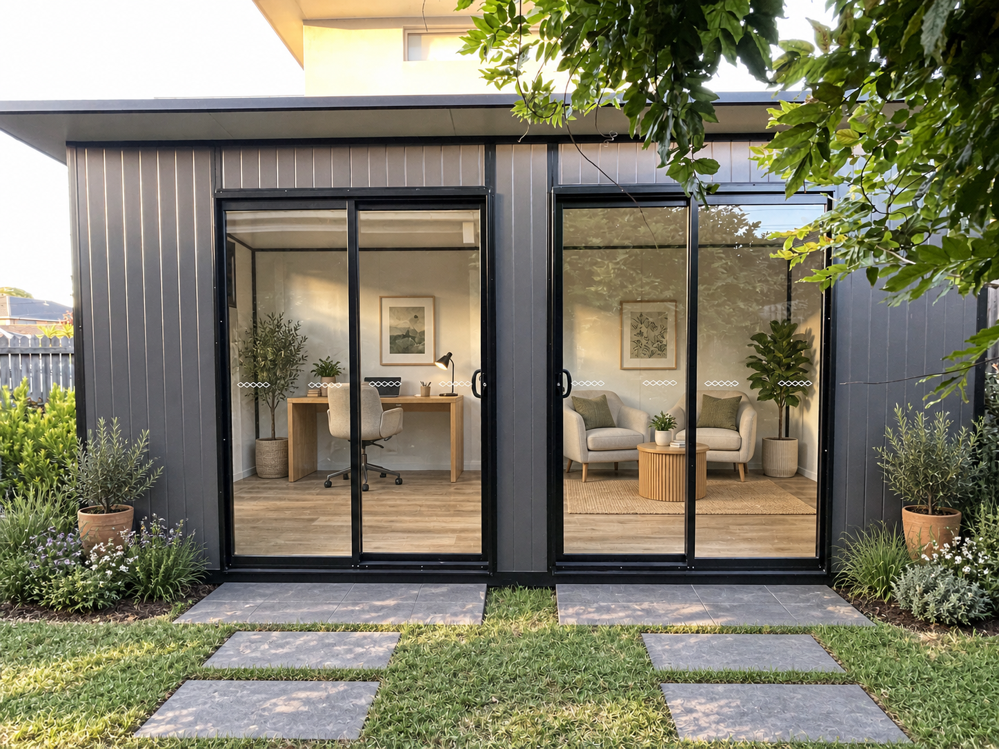 View of a modern garden room with black metal framing and large sliding glass doors, interior includes a workspace with a desk and chair on the left and a cozy seating area with two armchairs and a coffee table on the right, surrounded by potted plan