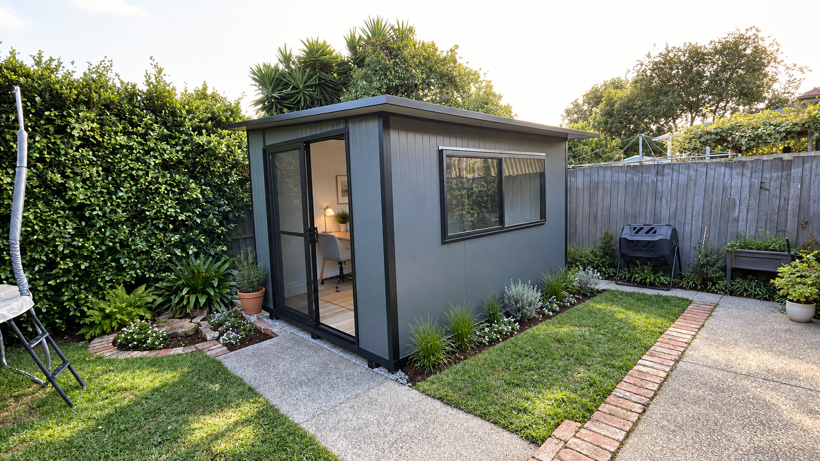 A small, gray garden shed with sliding glass door and window in a backyard, surrounded by plants, a flower bed, and a lawn, with a fence and trees in the background.