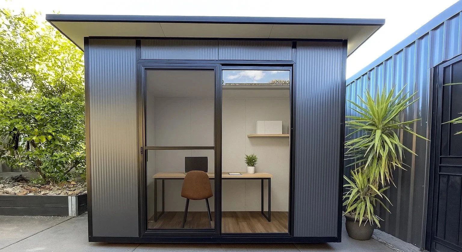 Modern charcoal grey backyard office pod featuring vertical cladding and large sliding glass doors. The interior shows a minimalist workspace with a desk and shelving.