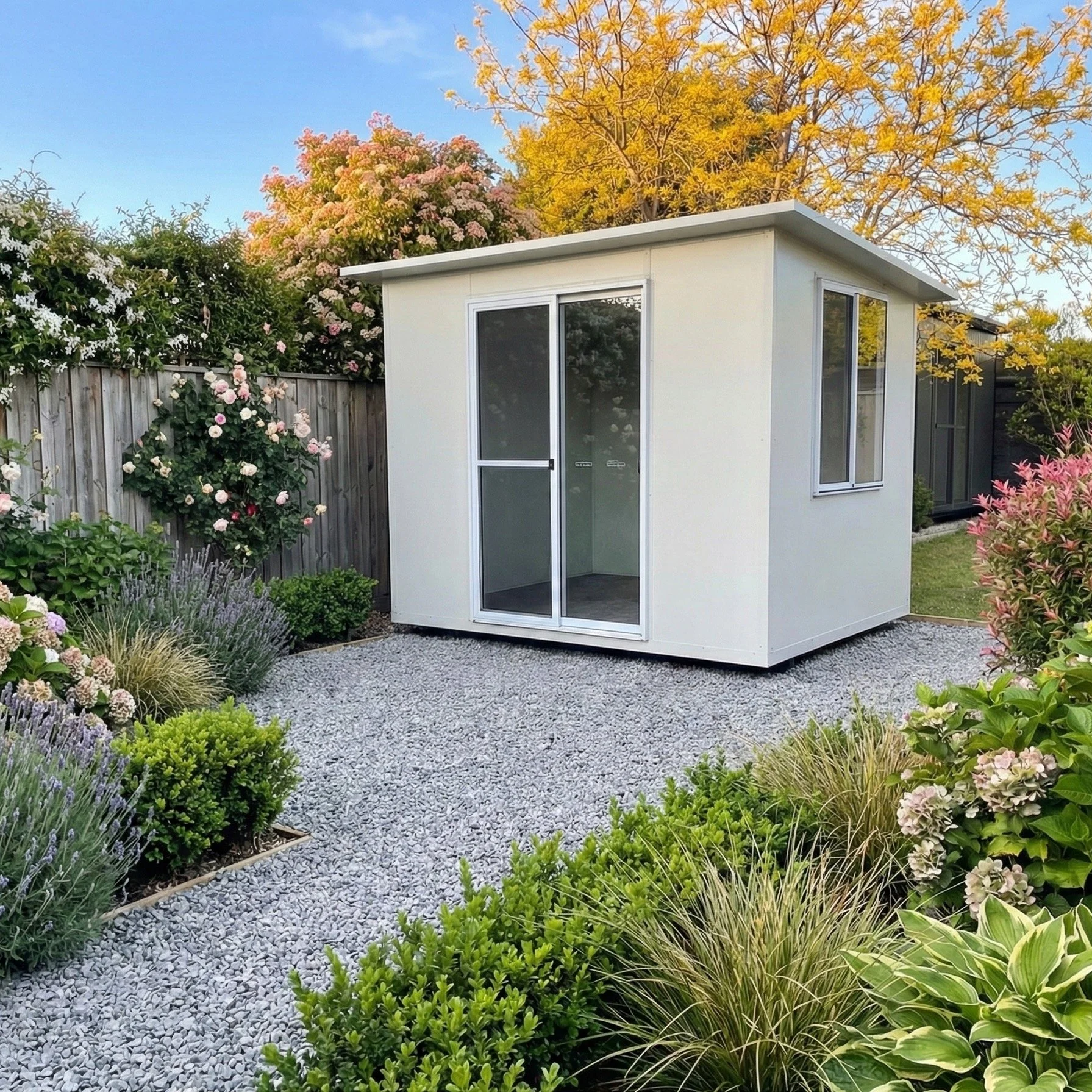 Compact white backyard pod with flat roof and sliding glass door, positioned on a gravel base and surrounded by lush landscaped garden beds, flowering shrubs, and privacy fencing, ideal as a modern home office or studio.