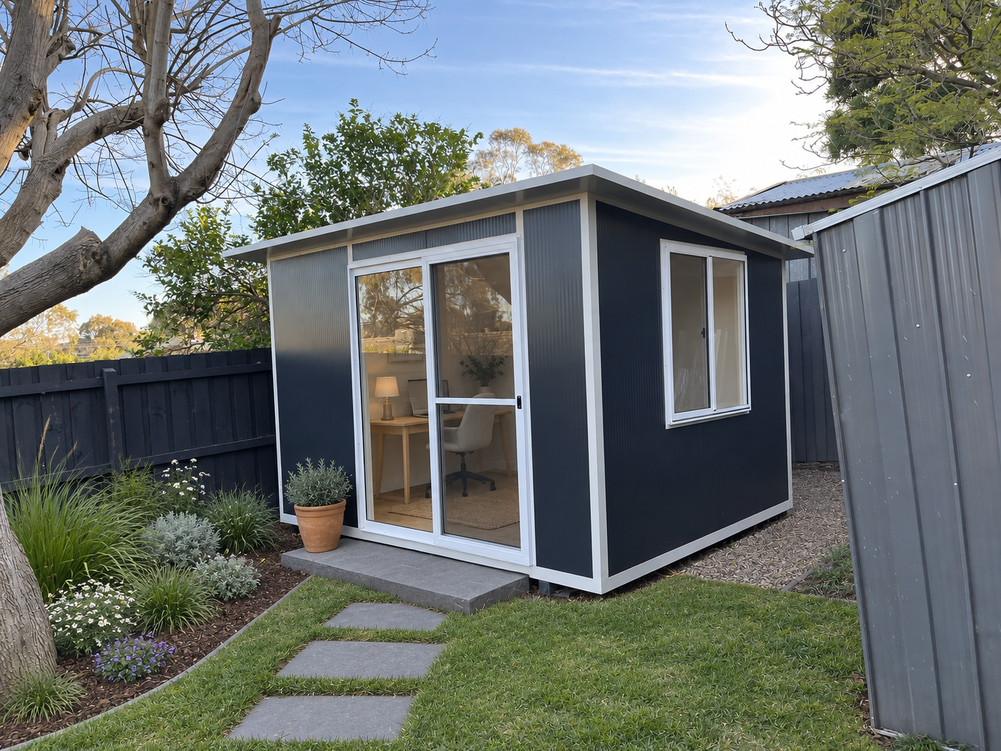 A small dark blue modular studio with a glass sliding door and a window, situated in a backyard with green grass, stone pathway, potted plants, and trees, under a partly cloudy sky.
