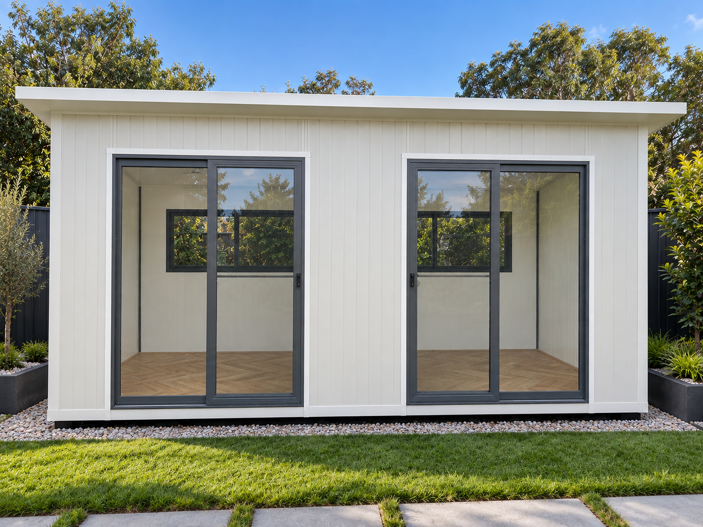 A modern, white, two-room garden shed with glass sliding doors and black frames, situated outdoors with a grassy area and trees in the background.