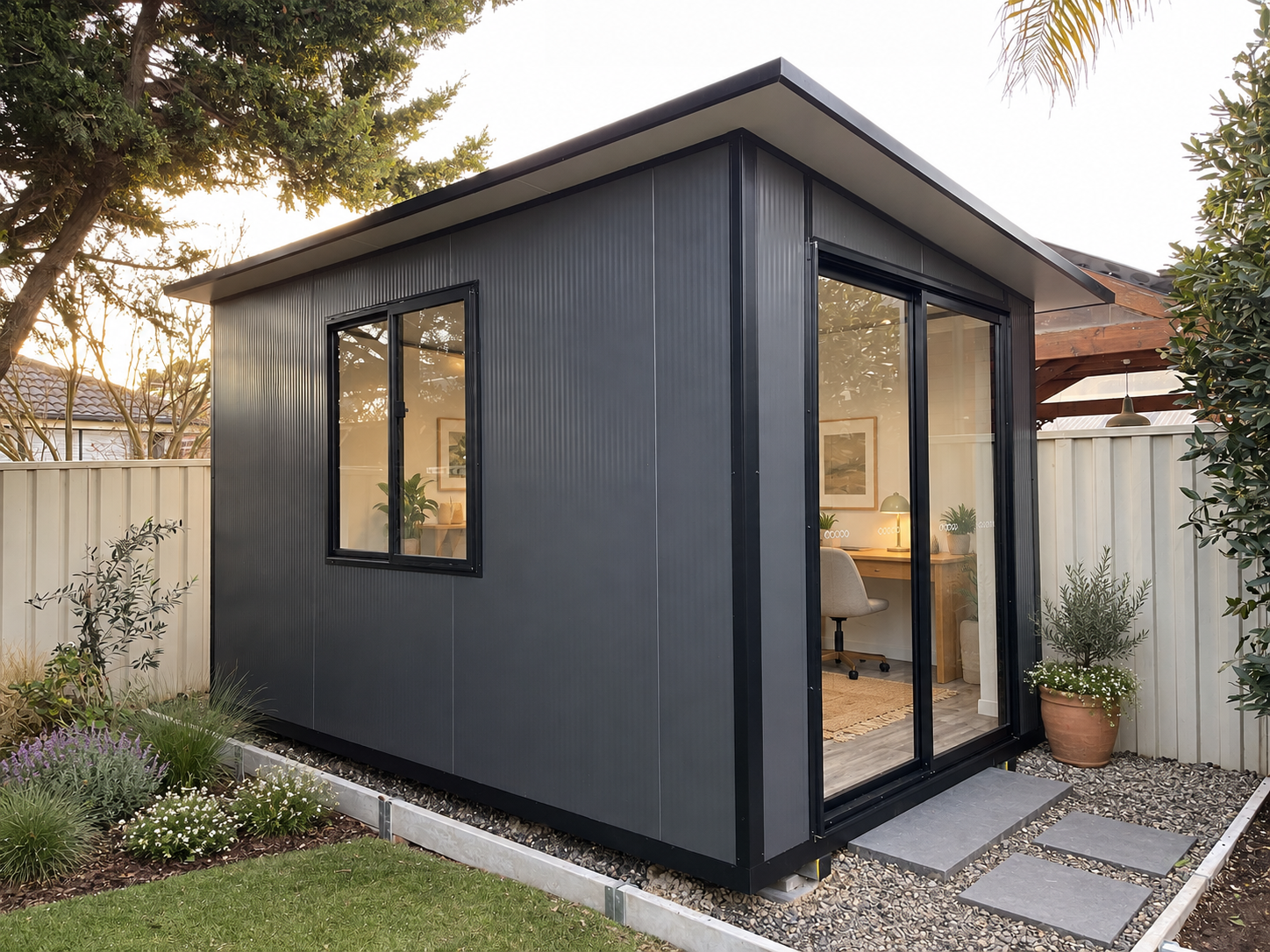 Small modern dark gray backyard office or studio with large glass sliding door and window, surrounded by landscaped garden and white fence.