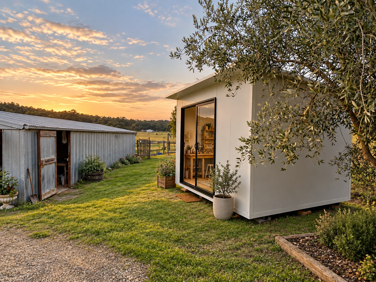 A small white modern tiny home with a glass sliding door, situated on a grassy area with potted plants, next to a metal shed, under a tree, during sunset in a rural setting with open fields and hills in the background.