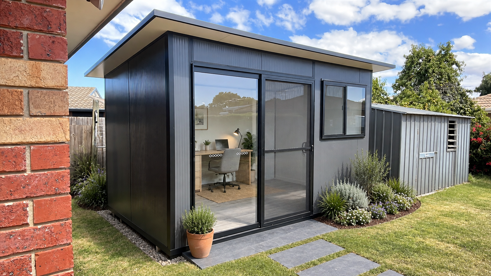 A small black metal shed with a glass door and window, situated in a backyard with green grass and plants. The shed has a modern design, and through the glass, an office space with a desk, chair, and computer is visible. There is a potted plant outsi