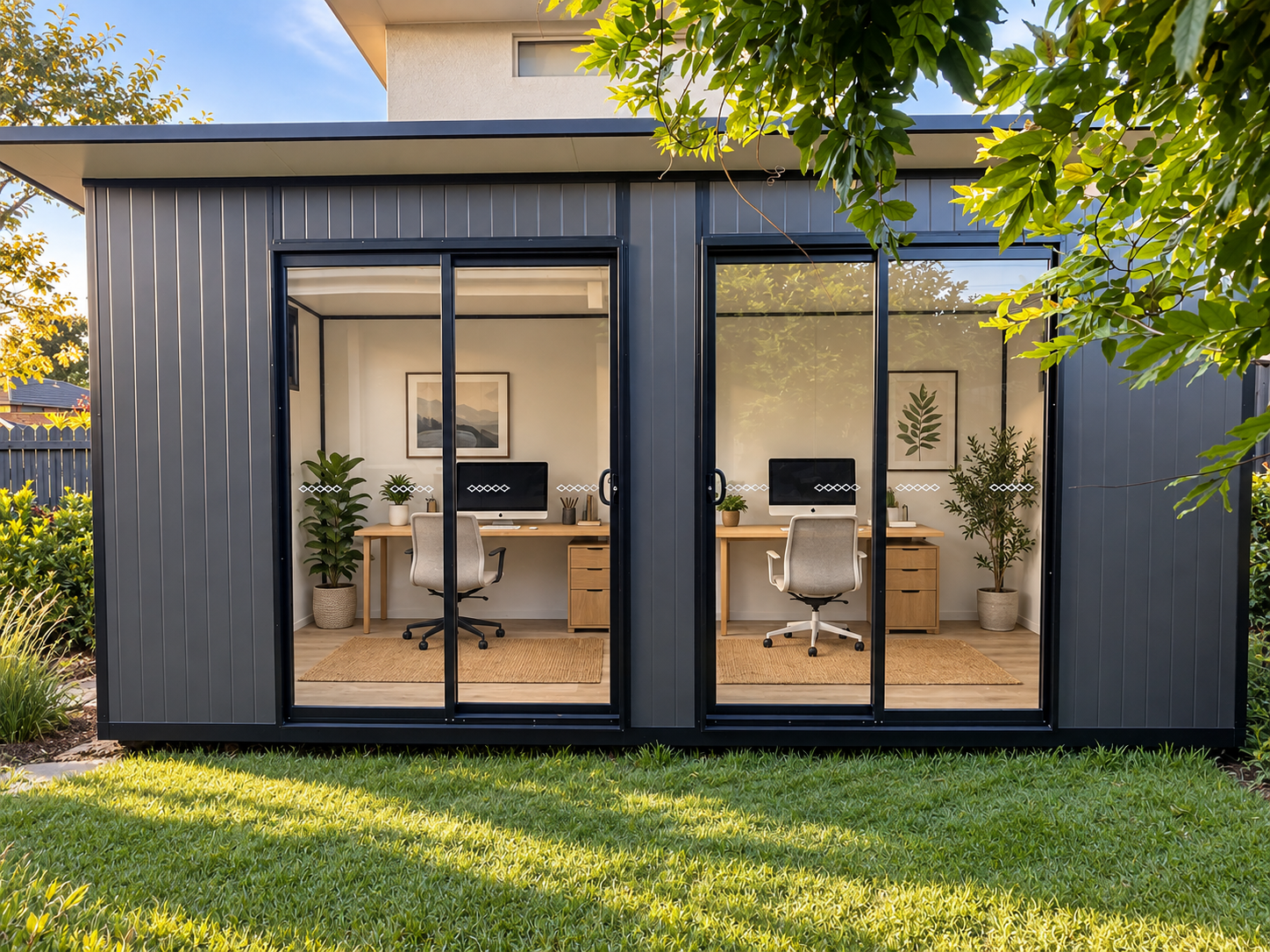 Two modern home offices with glass sliding doors, gray walls, wooden desks, beige chairs, indoor plants, framed artwork, and natural sunlight, surrounded by a green lawn and trees