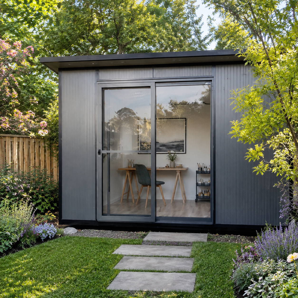 Small modern garden shed with glass sliding door, gray siding, surrounded by greenery and flower beds, with a stone pathway leading to the door.