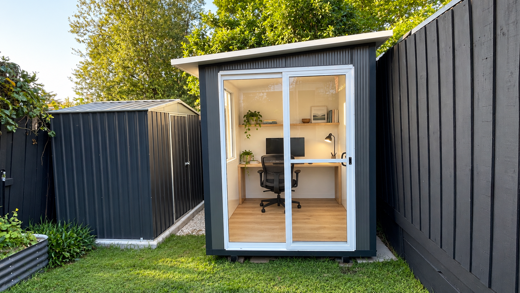 A small modern backyard office shed with large glass sliding doors, showcasing a cozy workspace with a desk, computer, chair, and shelves with books and decor, surrounded by green lawn and black fencing.
