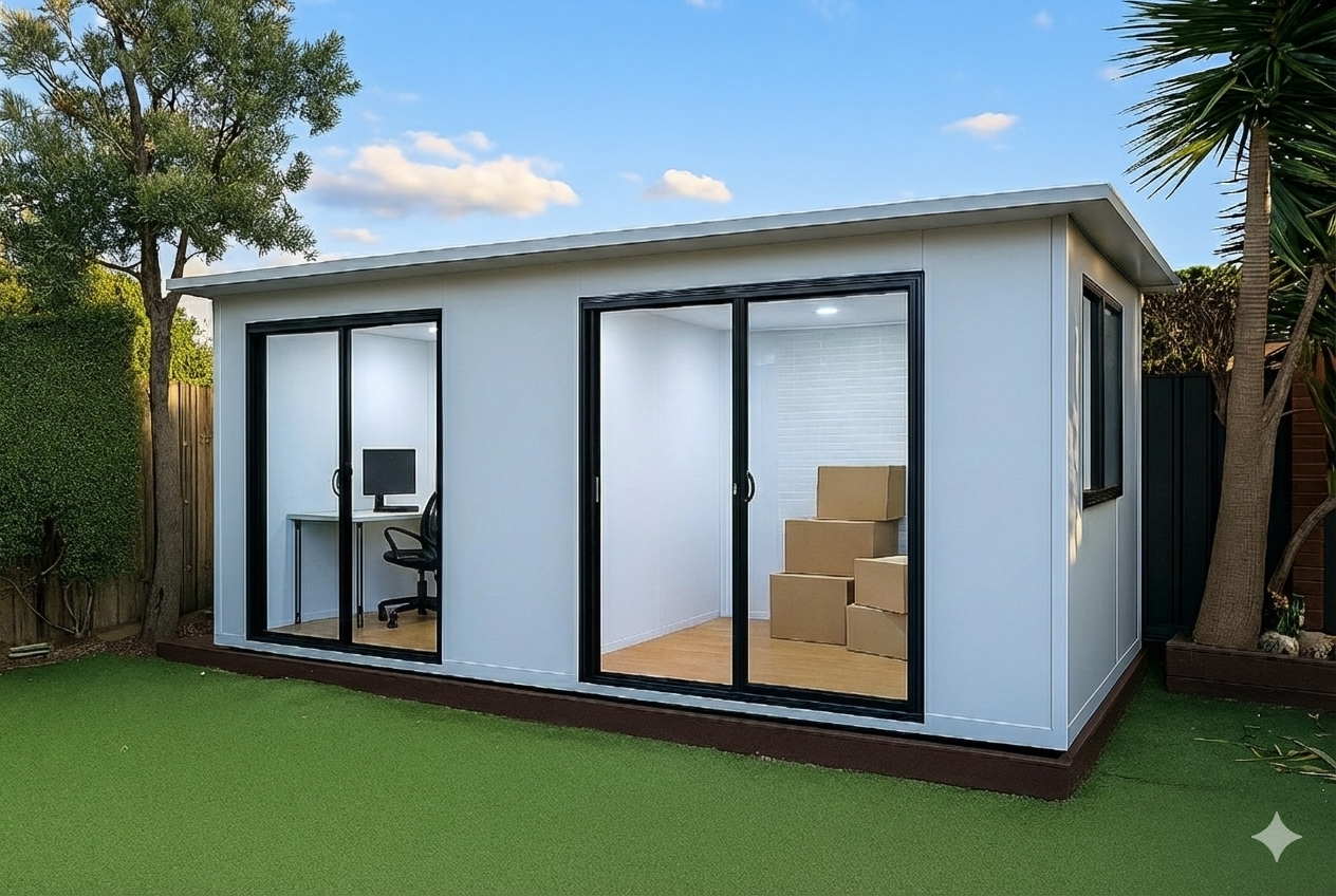 Modern white backyard office pod featuring large black-framed sliding glass doors and cool white interior lighting. The interior showcases a workspace with a desk and monitor on one side and storage space on the other, set against a garden background