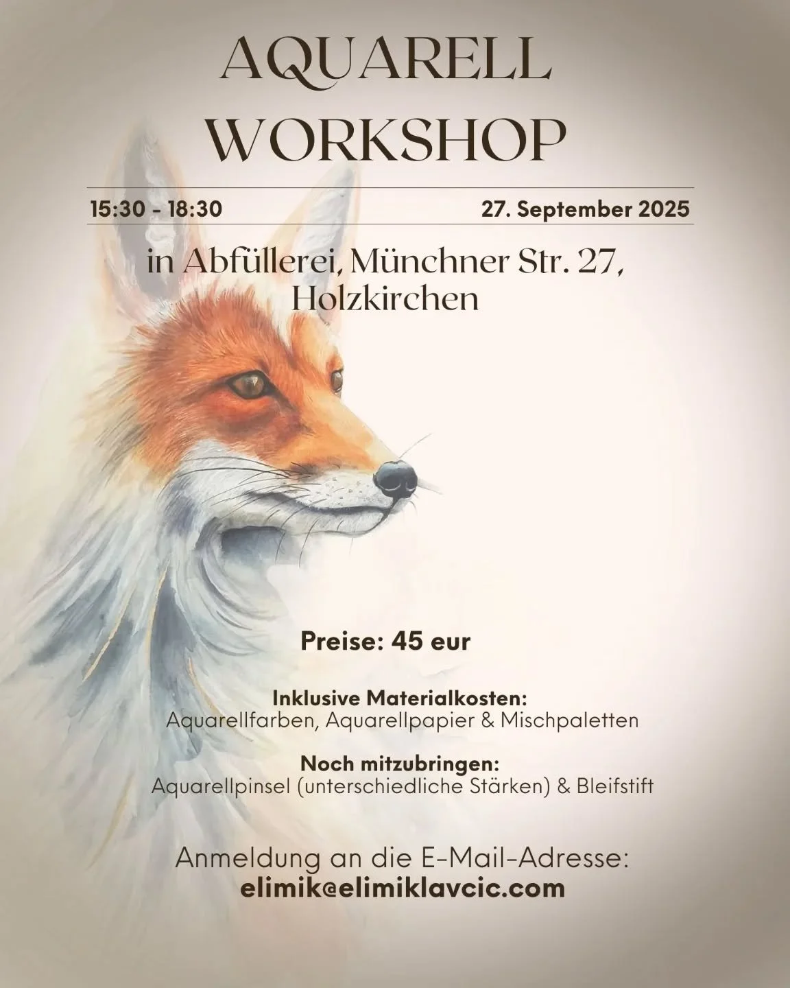 Der Aquarell-Workshop ist wieder da! 
📅 Am 27. September von 15:30 bis 18:30 Uhr, Abfüllerei, Münchener Straße 27, Holzkirchen! 
Jetzt gleich deinen Platz zum Malen sichern – alle sind herzlich willkommen, auch Anfänger!