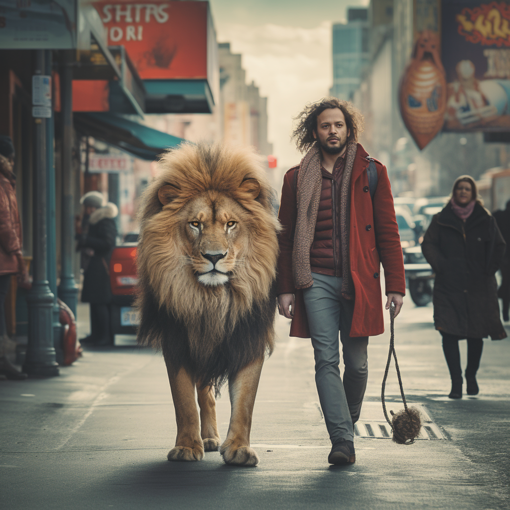 celesteeno_a_man_and_woman_walking_along_a_road_with_a_lion_in__165471bc-268b-4de2-9fc1-eef54fe81d14.png
