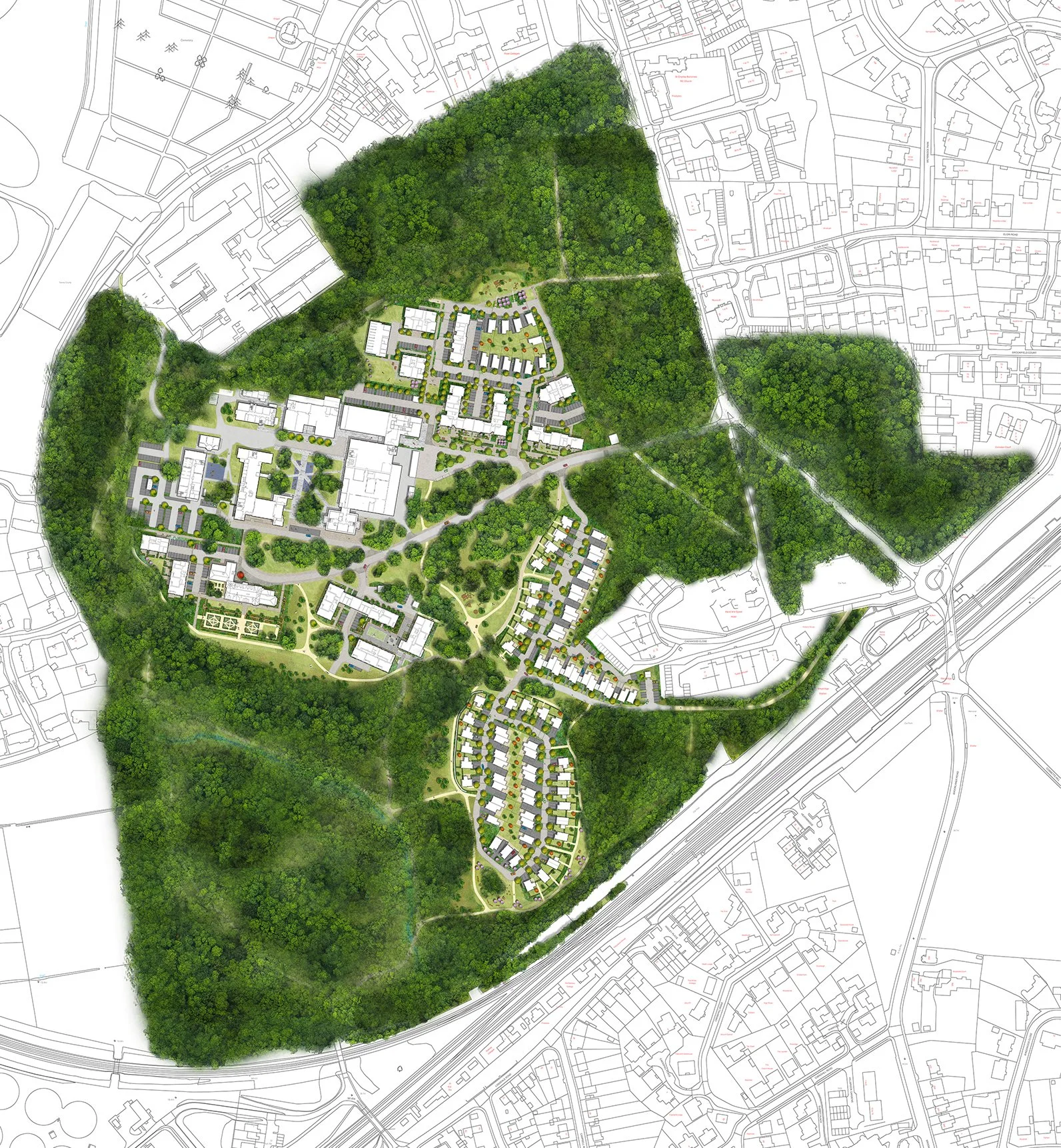 The Landscape Masterplan illustrates how the new residential site is designed alongside the existing college site and surrounding woodlands.