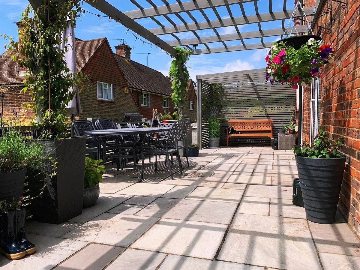 Looking back at one of our smaller projects: a beautifully transformed terrace with a stunning pergola and Indian paving. We love bringing charm to both small and large projects alike! 🌿✨ #Throwback #TerraceGoals #PergolaDesign #IndianPaving #Outdoo
