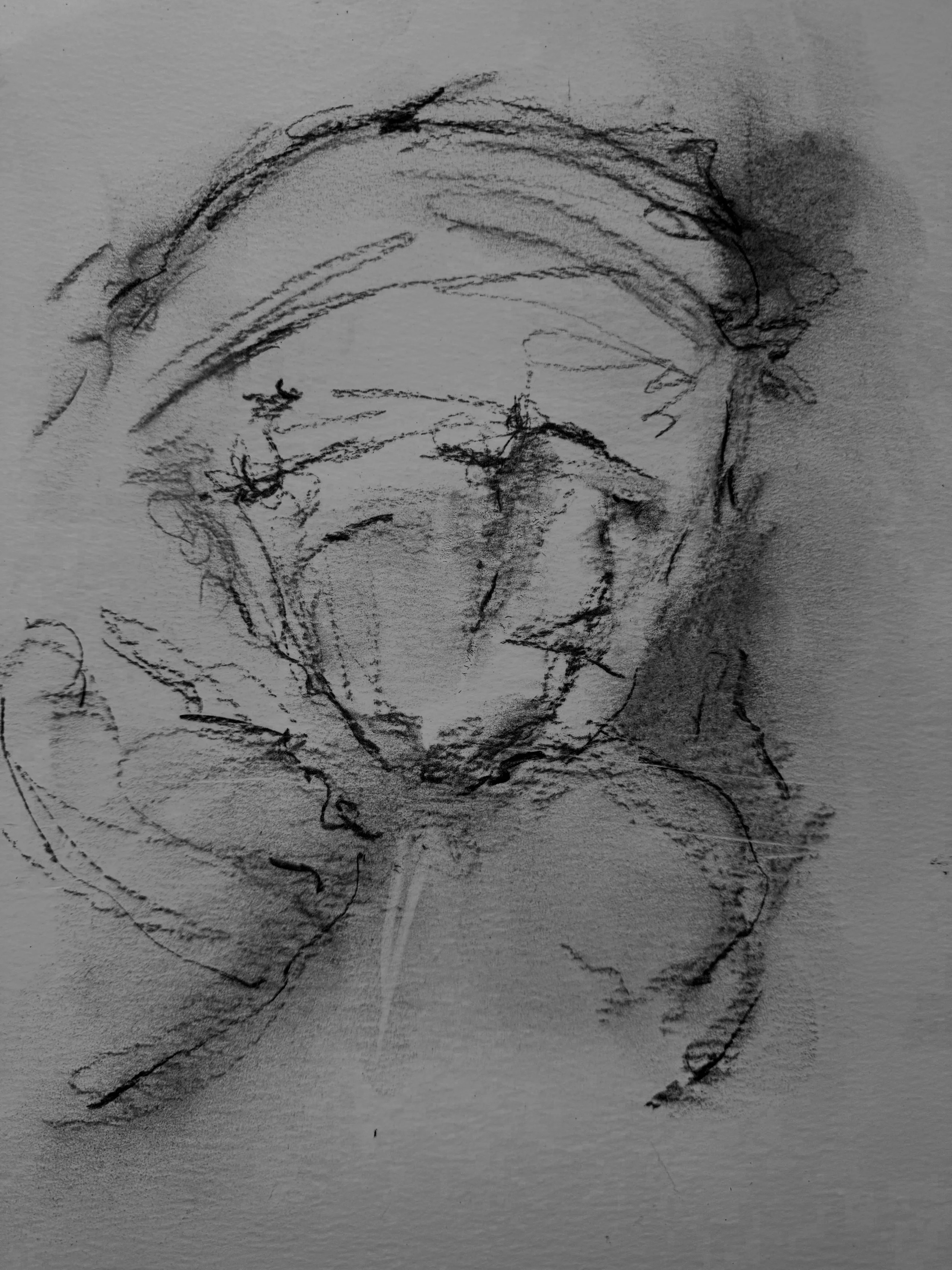 A sketch of a person's face with glasses and a hat, drawn in loose, expressive lines.