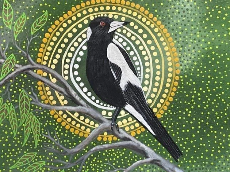 A black and white bird perched on a tree branch against a green background with circular dotted patterns.