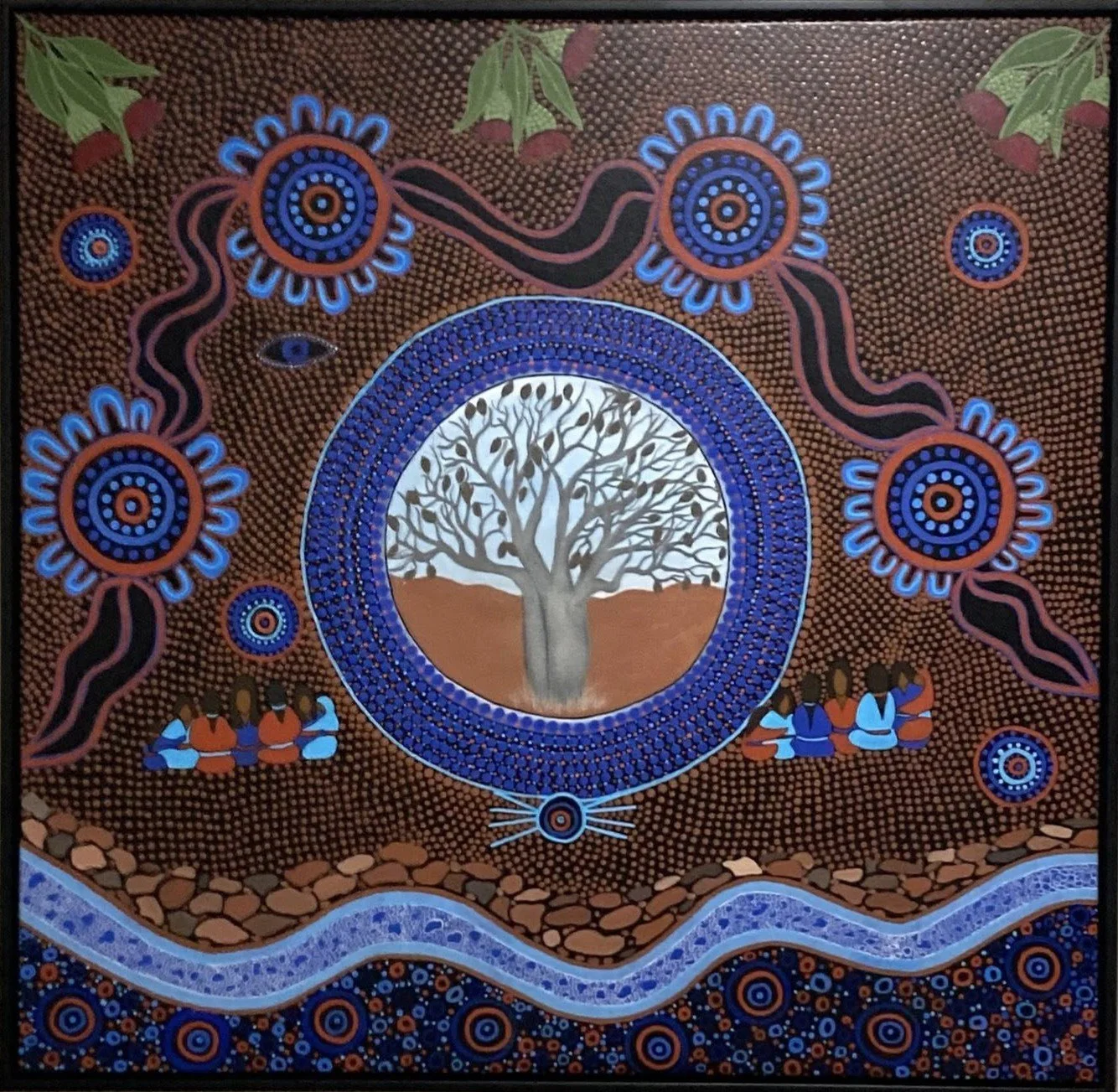 Indigenous Australian dot painting featuring a large tree at the center, surrounded by traditional patterns and circular designs, with groups of people sitting in a circle below, and earthy colors like brown, blue, white, and orange.