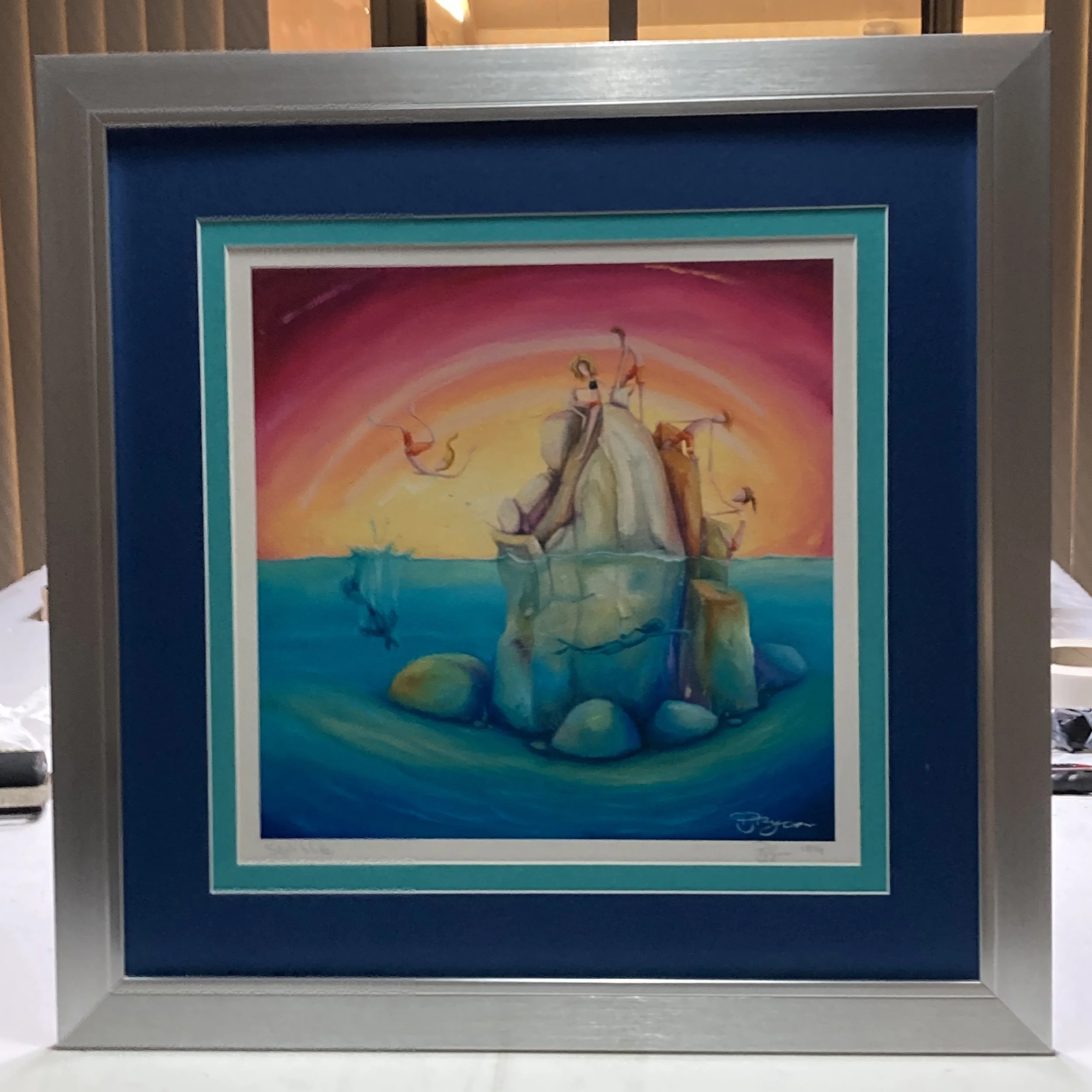 Painting of a large rock formation in water during sunset, with several birds flying around and one bird swimming in the water, with vibrant sunset colors in pink, orange, and yellow.