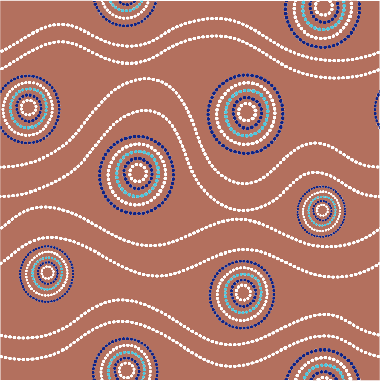 Desert landscape with circular rock formations, blue and white dotted patterns, and wavy lines on a brown background, resembling desert night art.
