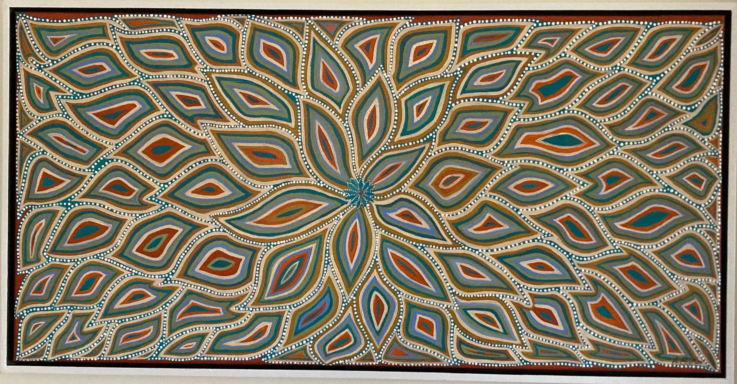 Painting with symmetrical pattern of multicolored leaf shapes outlined with white dots, originating from a central point, on a brown background.