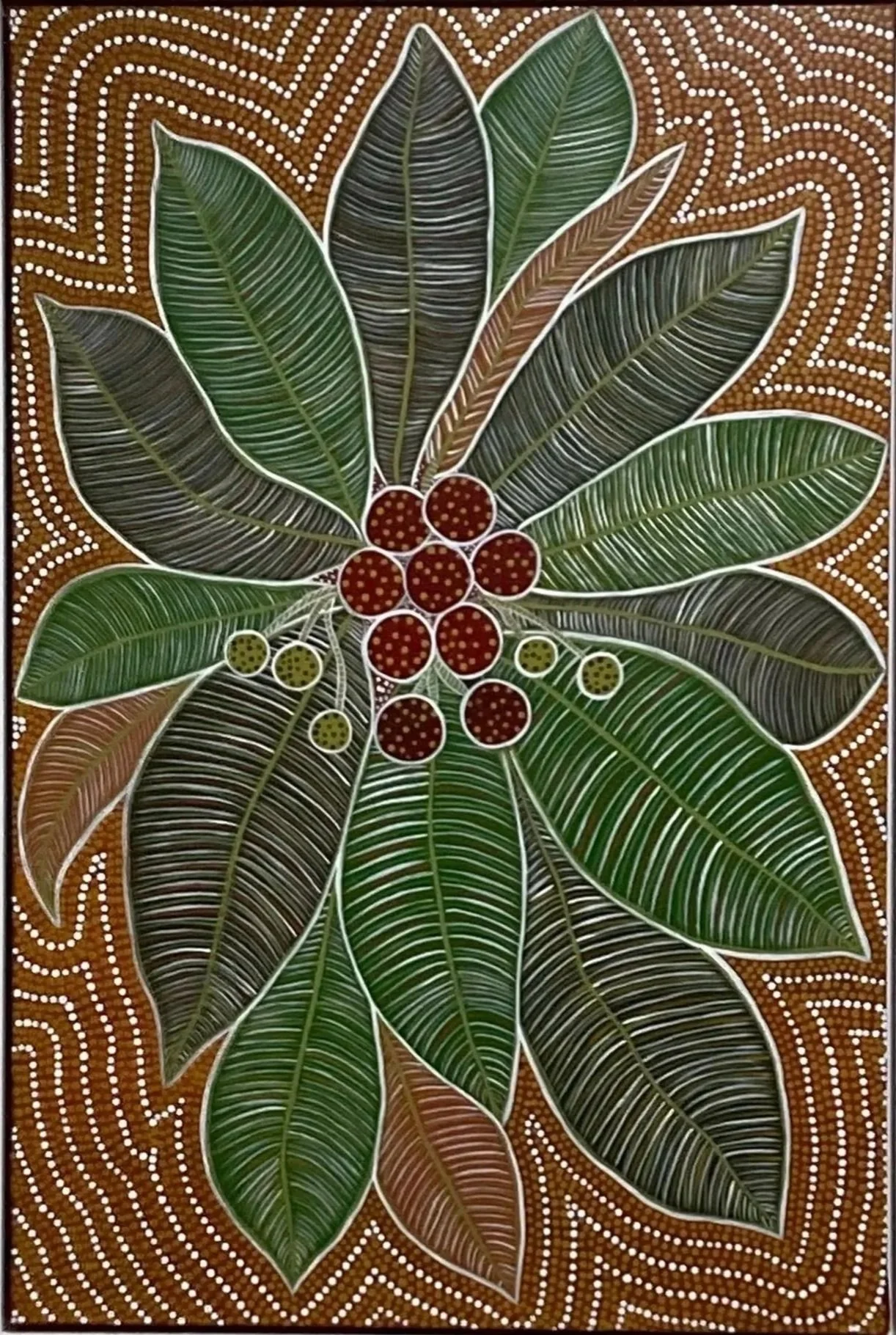 Painting of a cluster of green and brown leaves with red and yellow berries on a brown background decorated with white dots and lines.