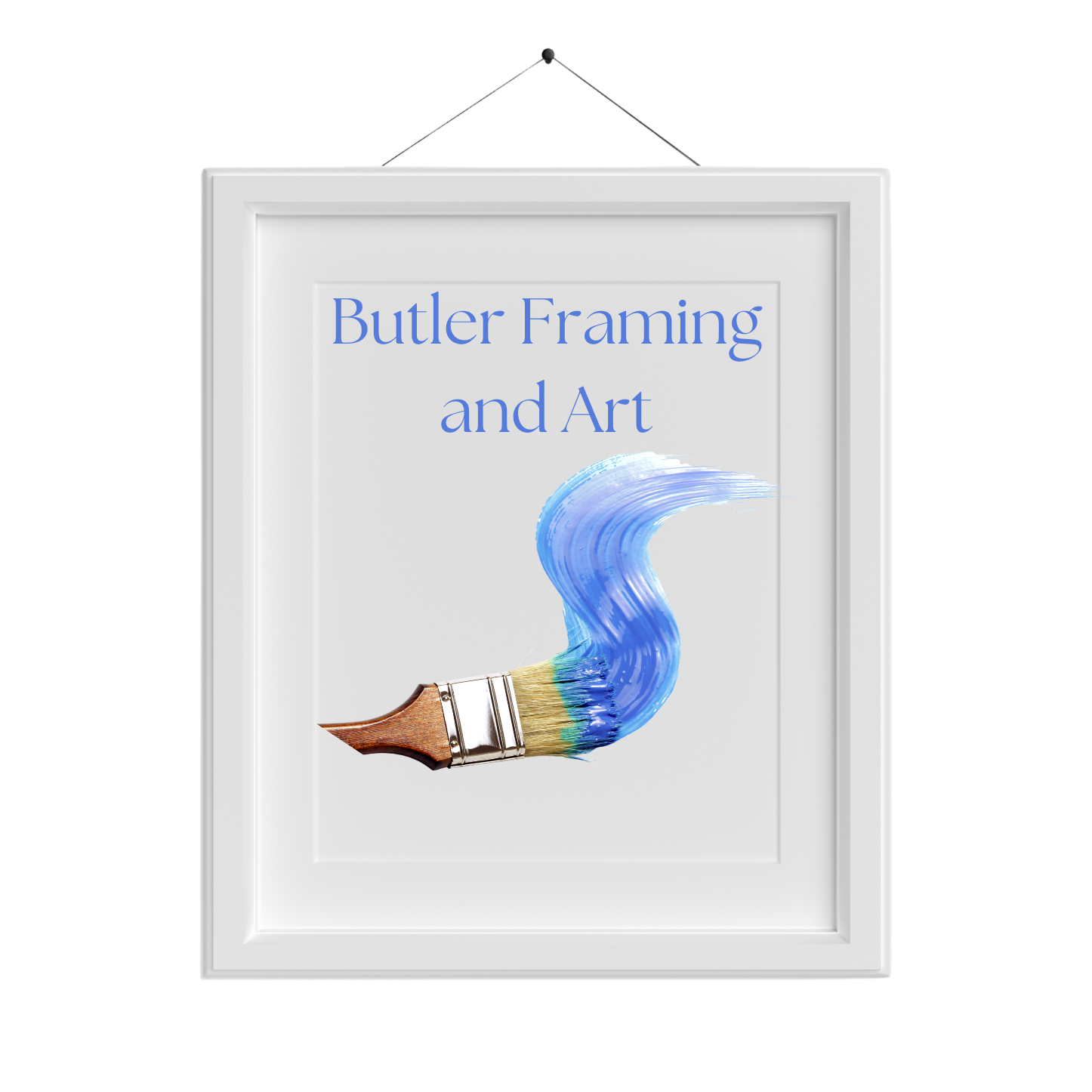Framed sign with text 'Butler Framing and Art' and a paintbrush with blue paint in a swirl.