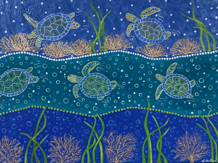 Underwater scene with five turtles swimming among seaweed and coral, with bubbles and a blue background.