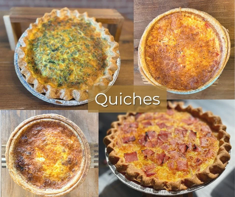 So.Co. offers a selection of quiches made with our flaky crust. Choose from cheese, ham + cheese, pepper + onion, spinach + feta, and bacon + cheese (Lorraine). 