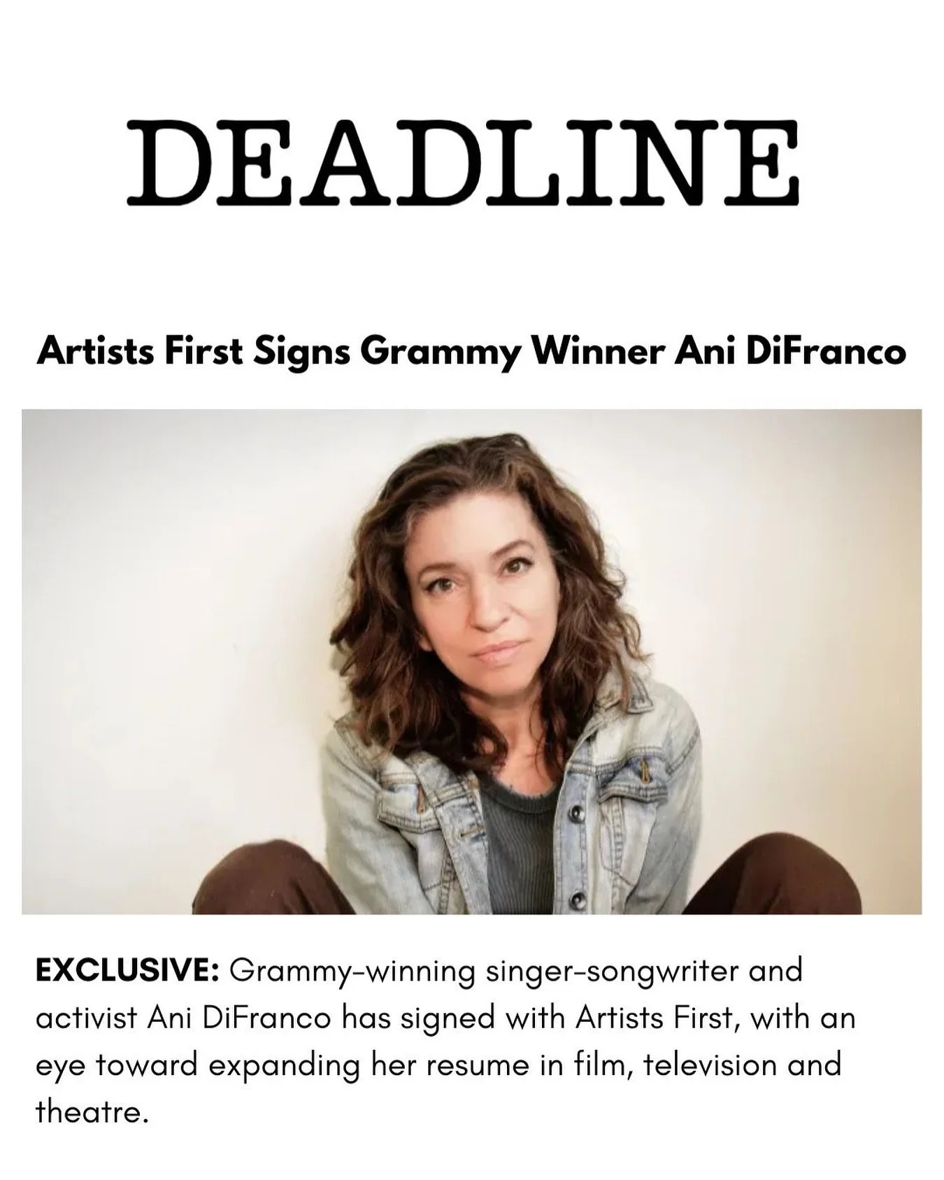 Grammy-winning singer-songwriter and activist Ani DiFranco has signed with Artists First, with an eye toward expanding her resume in film, television and theatre. DiFranco continues to grow her multi-hyphenate reach, with a variety of new creative pr