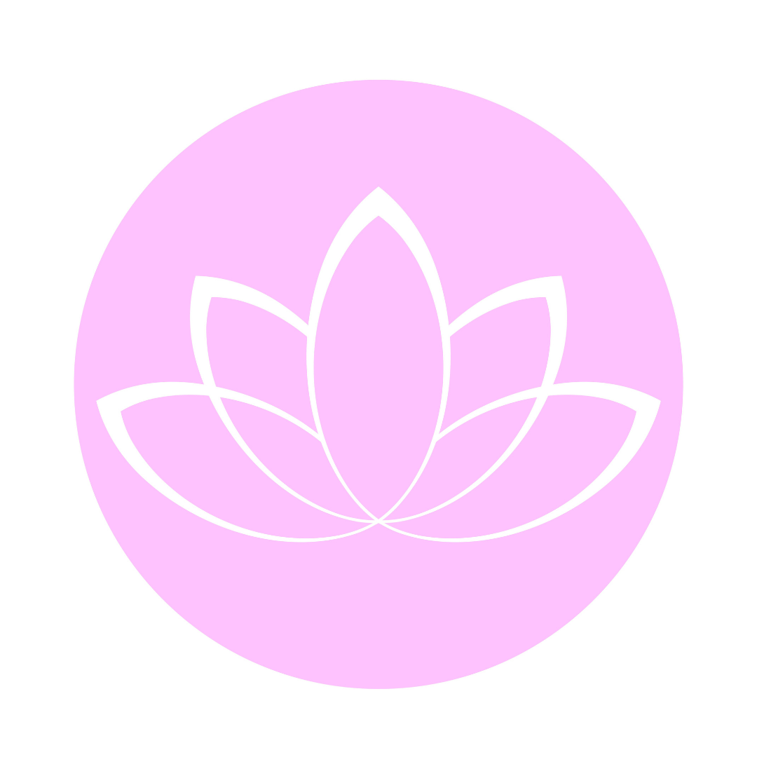 Pink circle with a white outline of a stylized lotus flower inside.