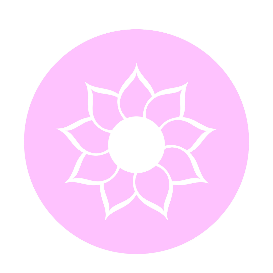A pink circle with a white lotus flower outline in the center.