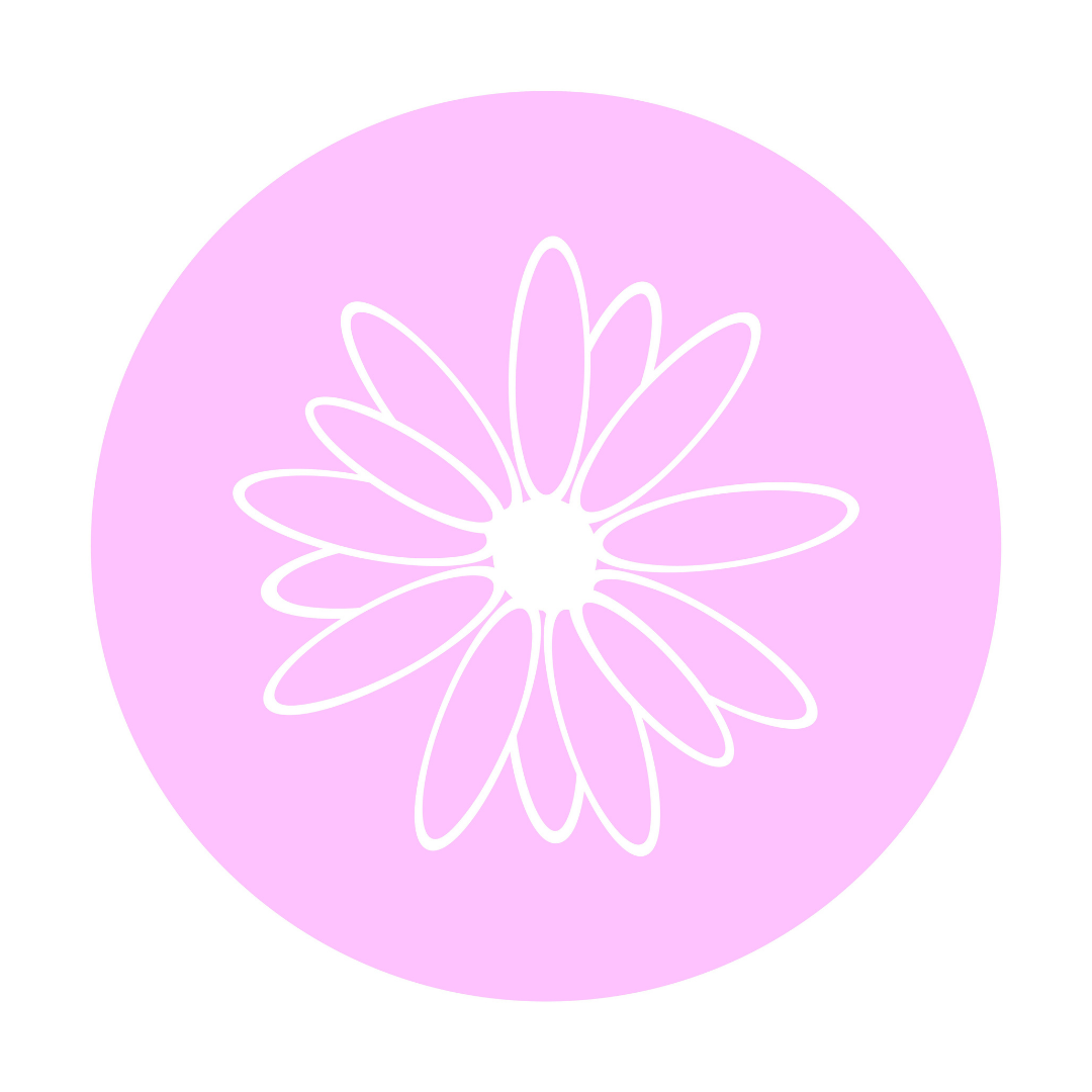Outline of a flower with 12 petals inside a light pink circle.