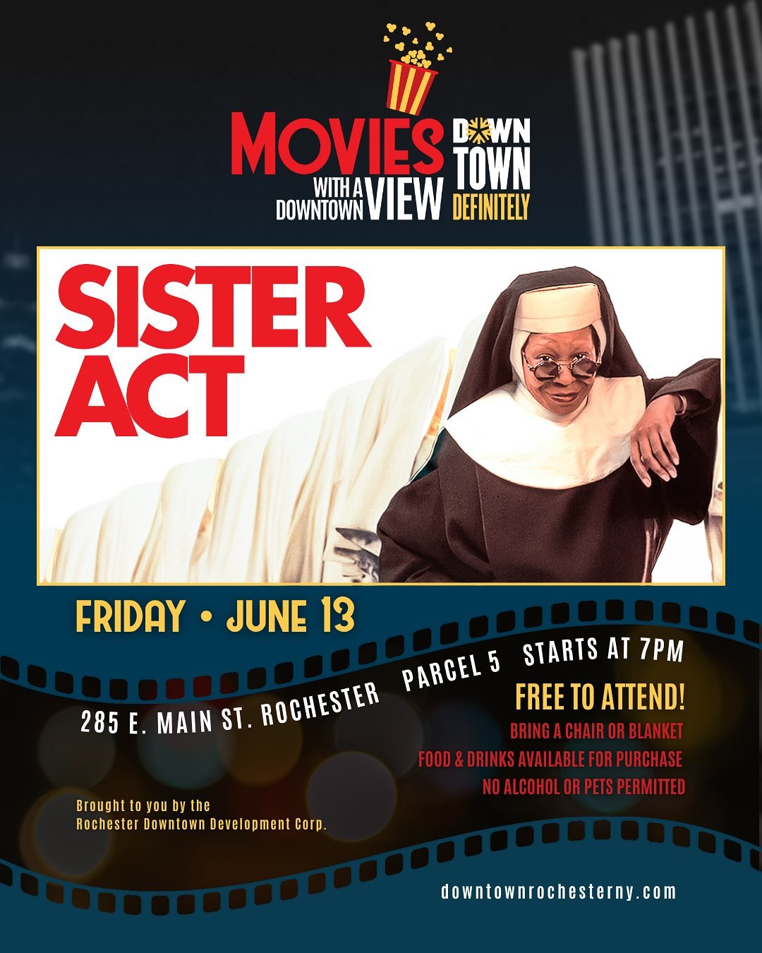 🎬Free Outdoor Movie Night: Sister Act at Parcel 5 &ndash; This Friday!

After a public vote,&nbsp;Sister Act&nbsp;rose to the top as a fan favorite&mdash;and now it&rsquo;s hitting the big screen downtown!
Join us Friday, June 13 at 7 PM at Parcel 5