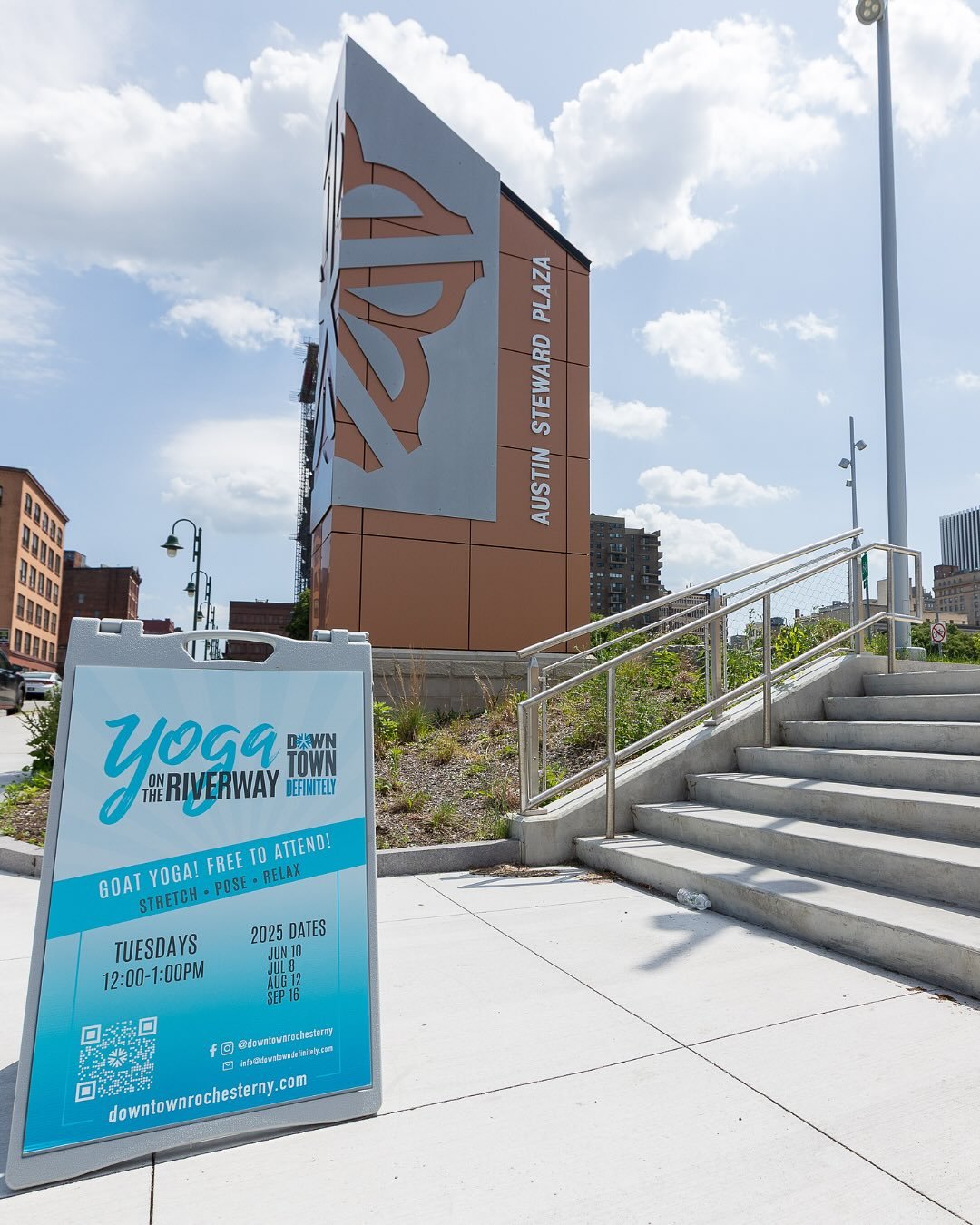 Join us Tuesday, July 8 from noon to 1:00 p.m. at Austin Steward Plaza for the next Yoga on the Riverway &mdash; a free, beginner-friendly class in the heart of downtown Rochester.

You&rsquo;ll enjoy gentle yoga, friendly animals, and a scenic downt