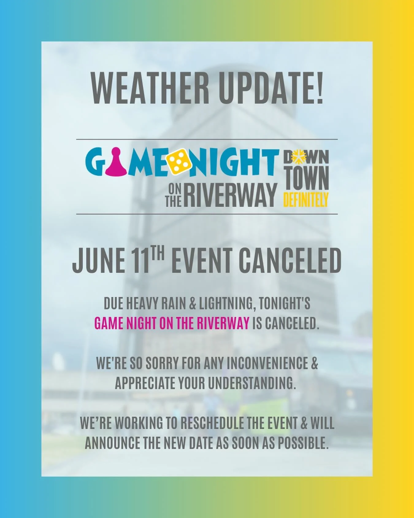 🌧️ Womp womp. Apparently rain and lightning don&rsquo;t like playing games. We&rsquo;ll announce a new date soon.