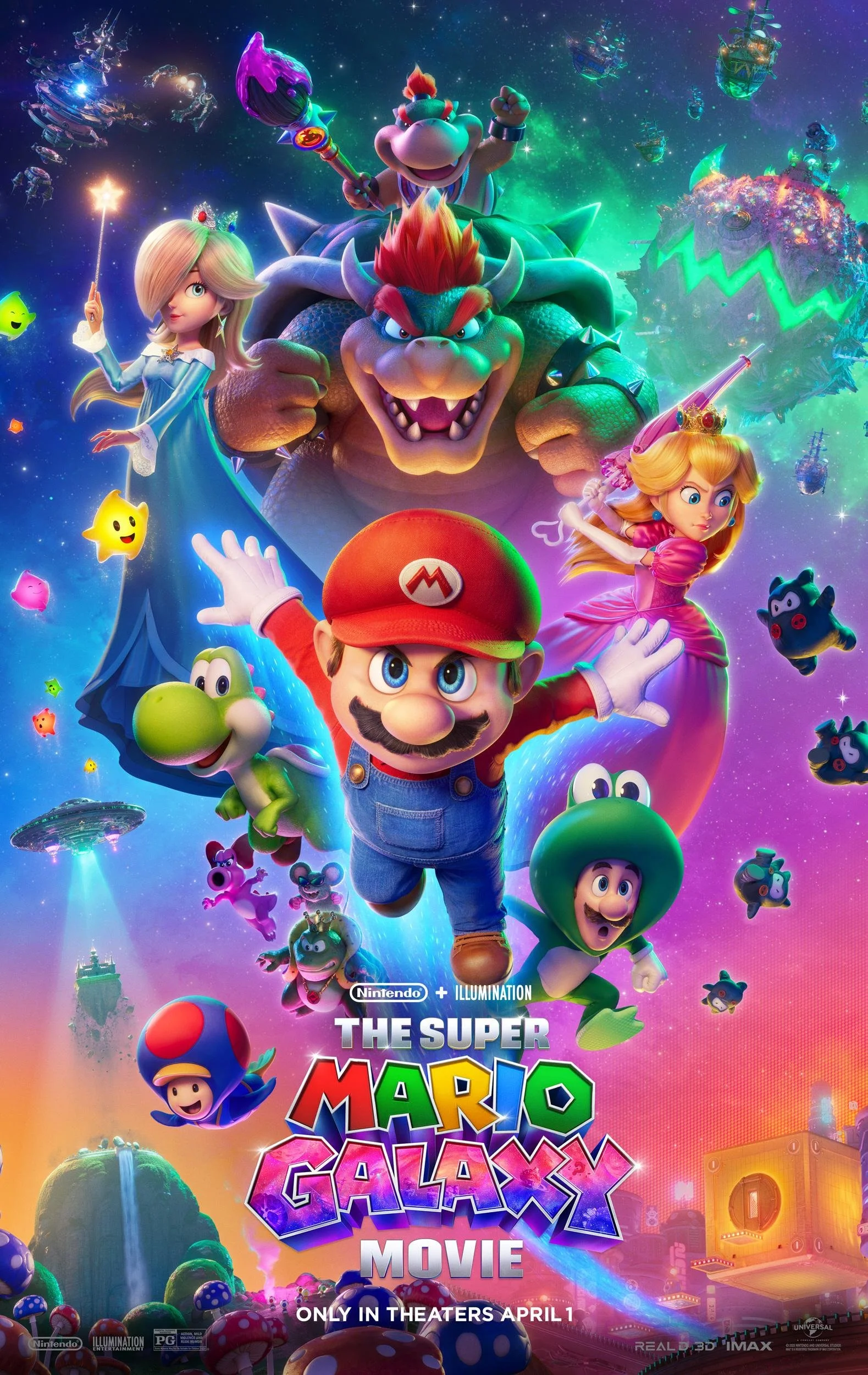 Colorful promotional poster for the Super Mario Galaxy Movie featuring Mario, Princess Peach, Bowser, Yoshi, and other characters from the game in a vibrant outer space setting with planets and stars.
