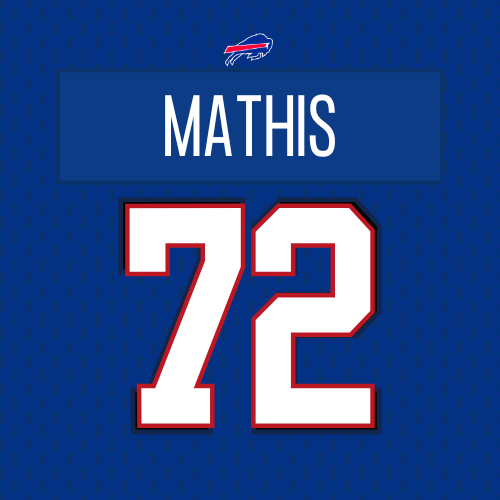 A blue sports jersey with the name "Mathis" and the number "72" in large white and red font. The jersey features the Buffalo Bills logo at the top.