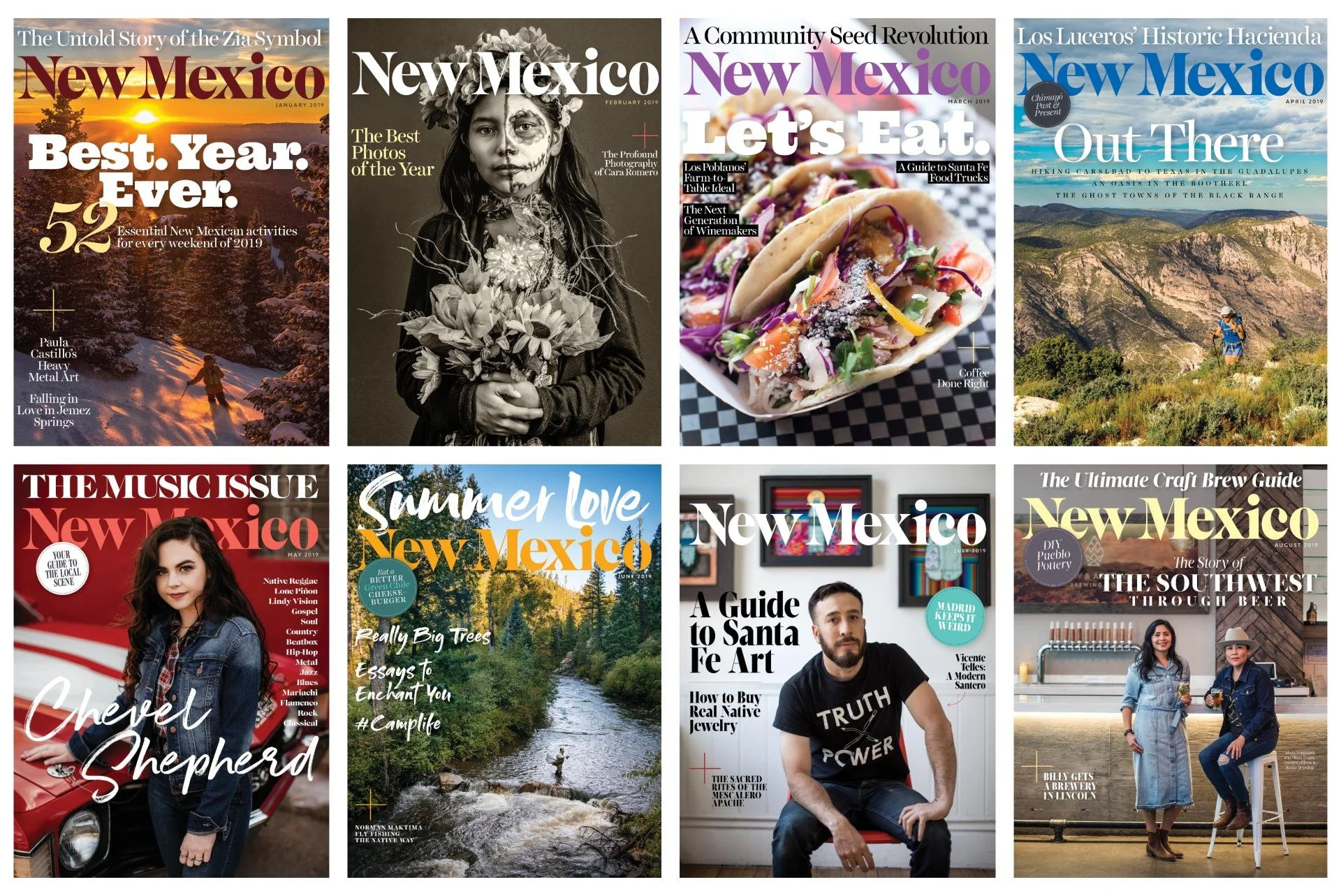 Six issues of New Mexico magazine with various covers, including scenic landscapes, a woman in costume, tacos, a woman with a car, a river, and two women sitting outdoors.
