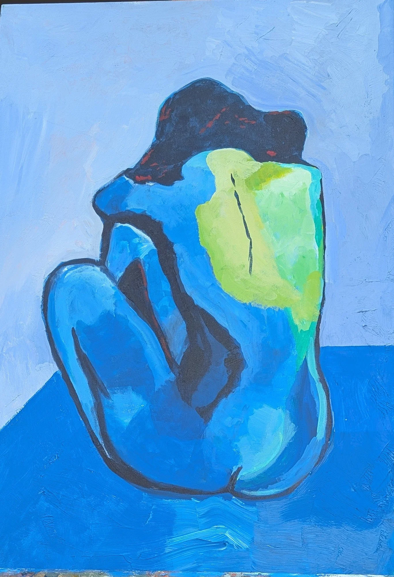 Michael Chissick’s Blue Nude acrylic painting, showing a seated blue figure against a vivid multicoloured background.