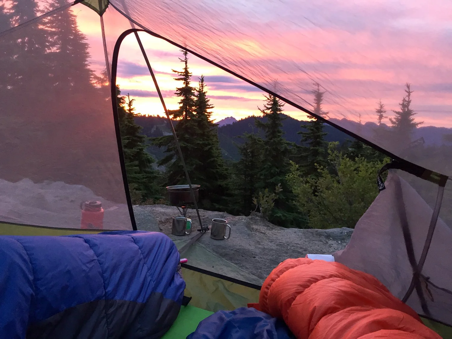 Sunrise or sunset from inside the tent.