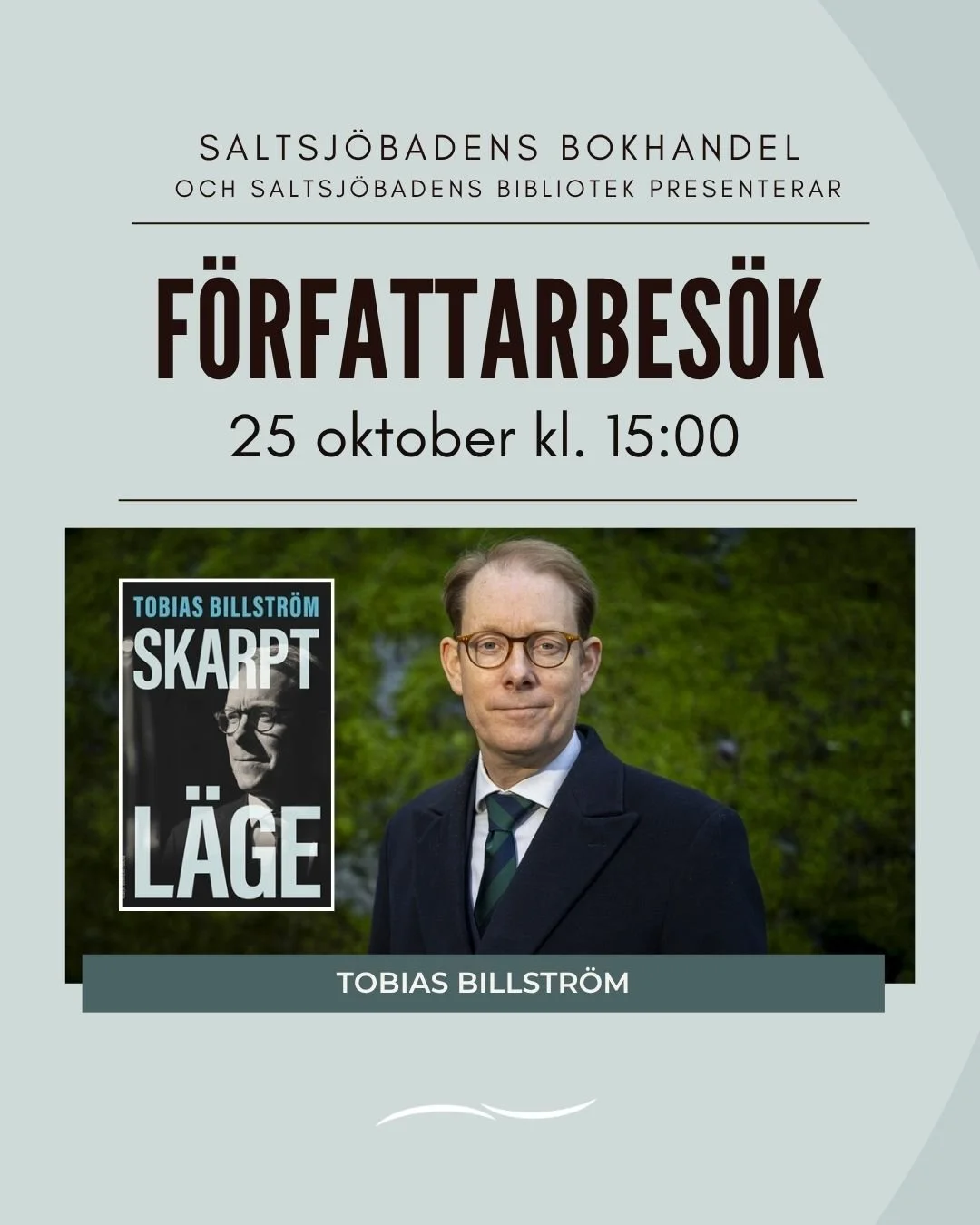 Dags för ytterligare ett författarbesök med Saltsjöbadens Bokhandel.
Som utrikesminister 2022–2024 stod Tobias Billström mitt i en historisk omställning av svensk utrikespolitik. I Skarpt läge berättar h