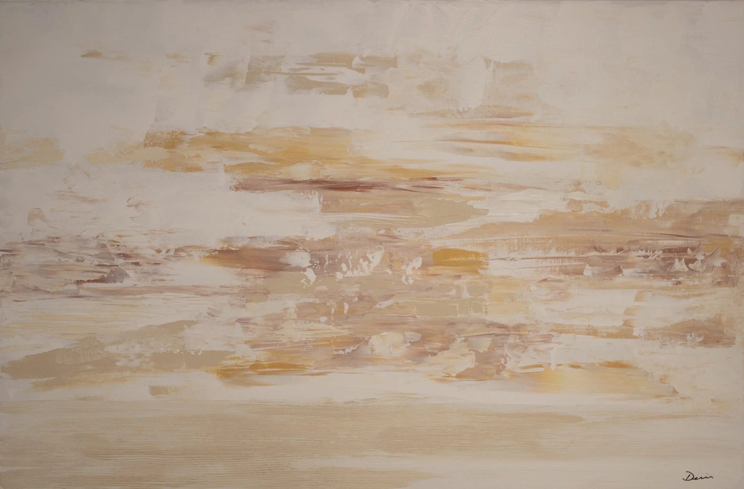 Large abstract acrylic in muted desert earth tones with expansive layered texture evoking vast open solitude — 60 x 40 inches — by Dennis Flaherty