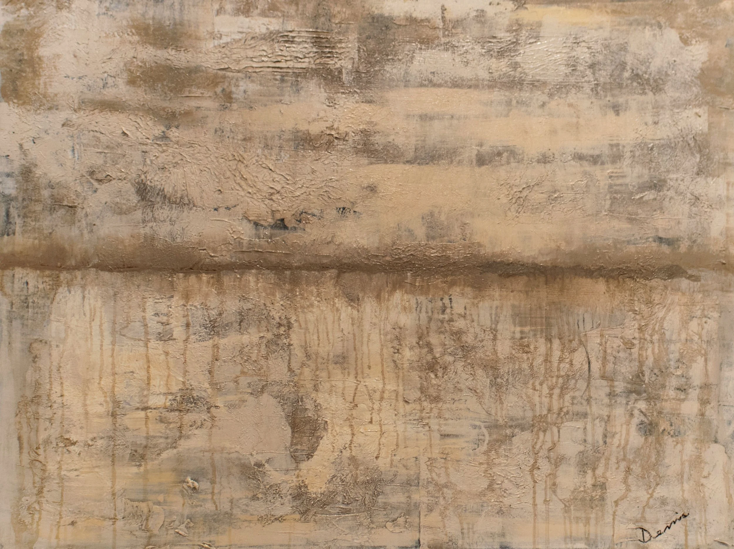 Large abstract acrylic in calm neutral desert tones with soft layered texture evoking open skies and stillness — 48 x 36 inches — by Dennis Flaherty