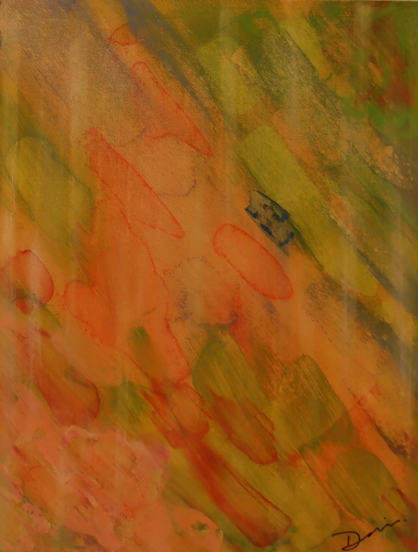 Abstract acrylic in bright orange, sienna, and warm earth tones inspired by a sun-drenched orchard — 24 x 30 inches — by Dennis Flaherty