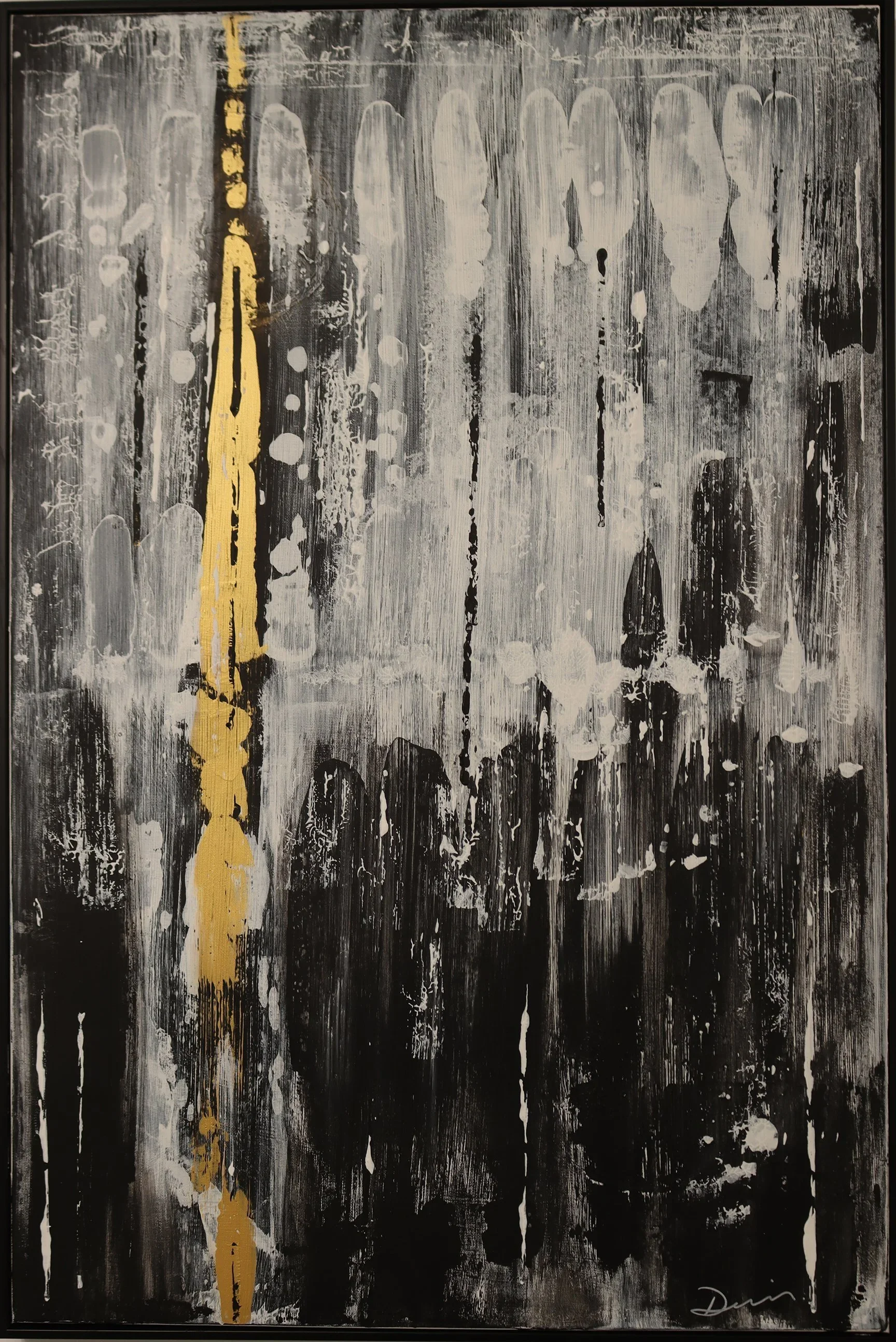 Abstract acrylic in bold layered gold, sienna, and warm earth tones expressing optimism and abundance — 24 x 36 inches — by Dennis Flaherty