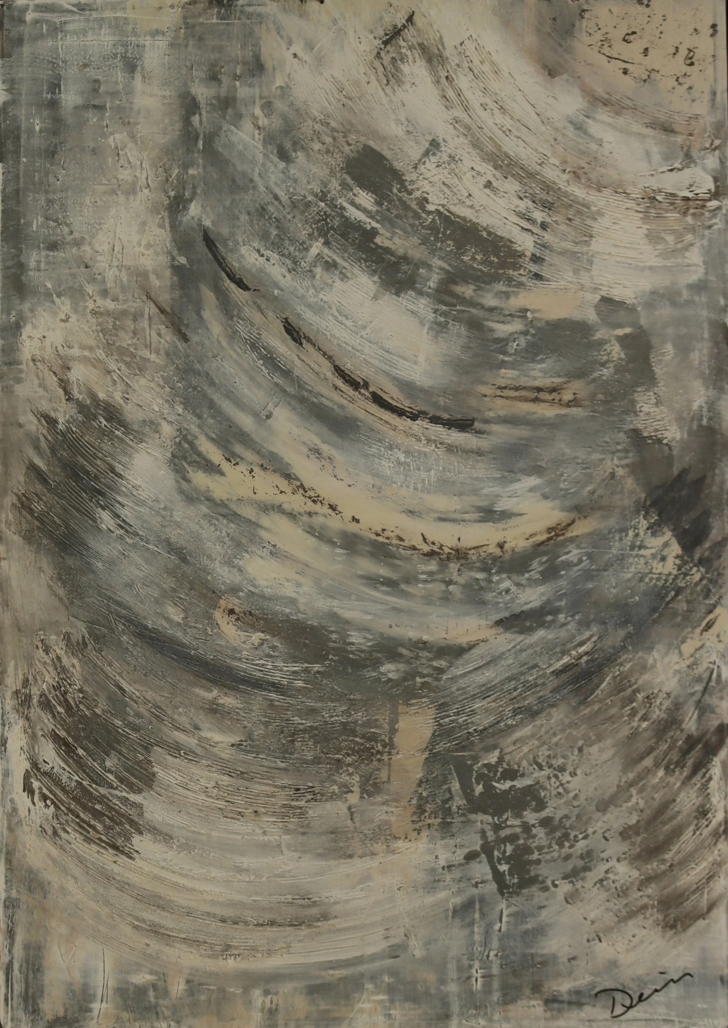 Abstract acrylic with spiraling layered earth tones evoking life's whirlwind and the search for equilibrium — 36 x 48 inches — by Dennis Flaherty