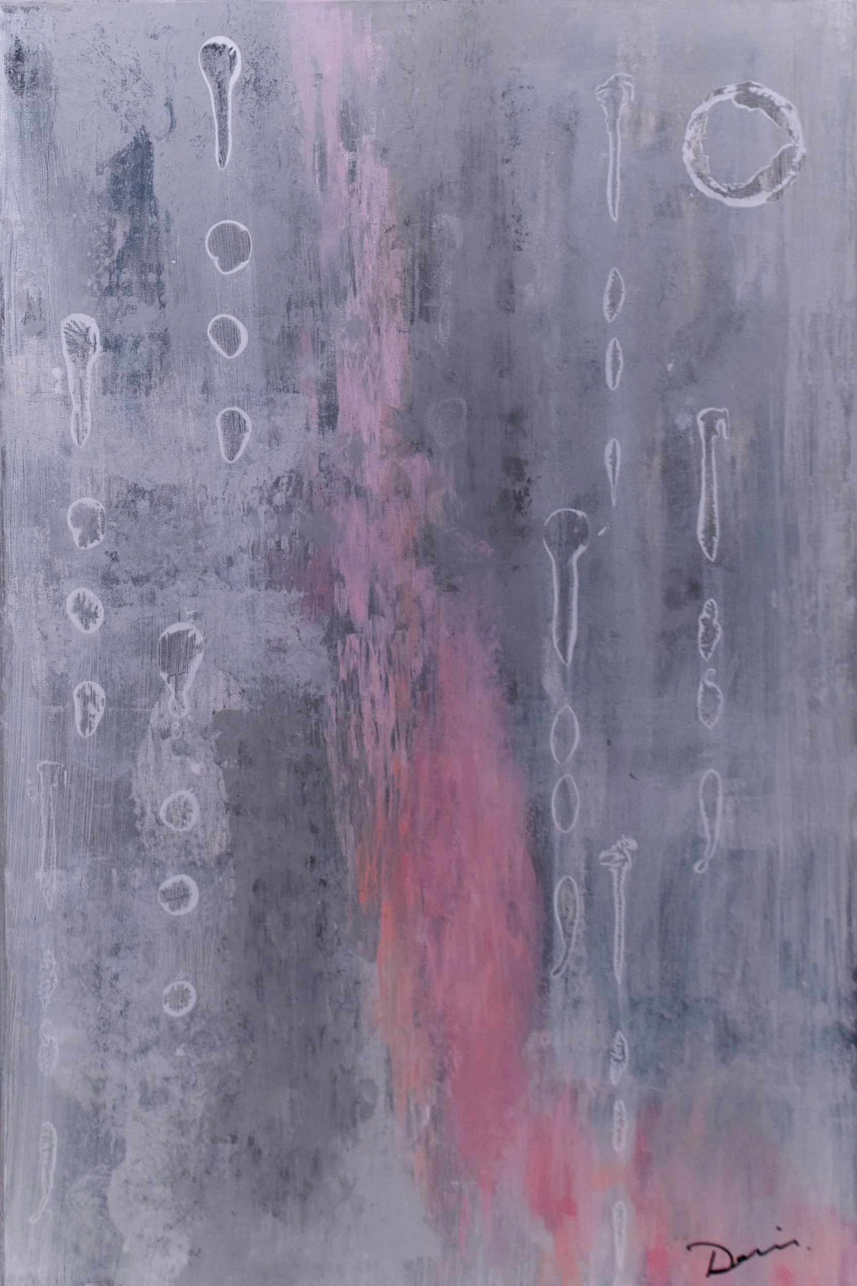 Abstract acrylic in layered earth tones with luminous mark-making evoking light through rain — 24 x 37 inches — by Dennis Flaherty