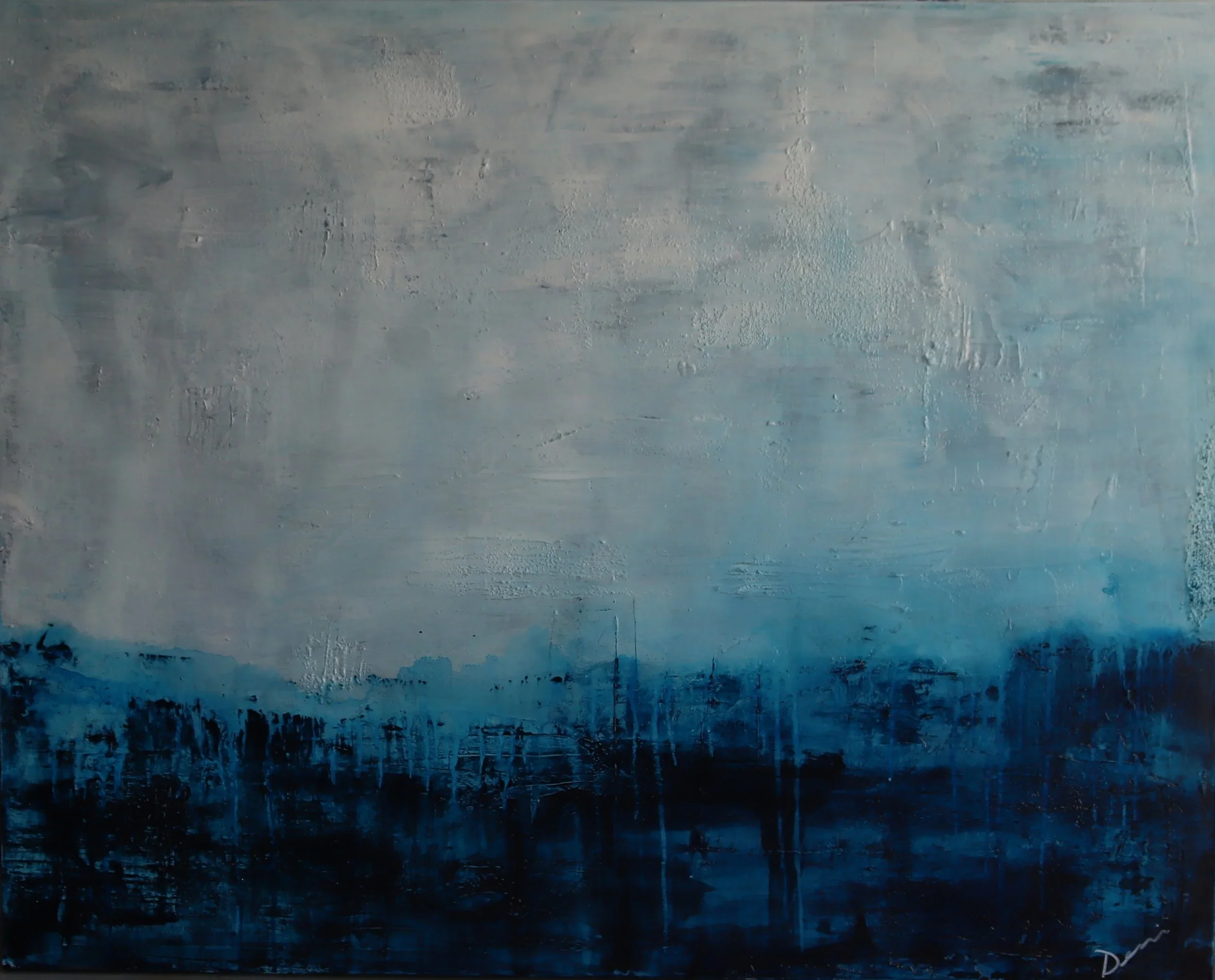 Large abstract acrylic in deep blue and stormy tones with hopeful glimmers of light — 60 x 48 inches — by Dennis Flaherty