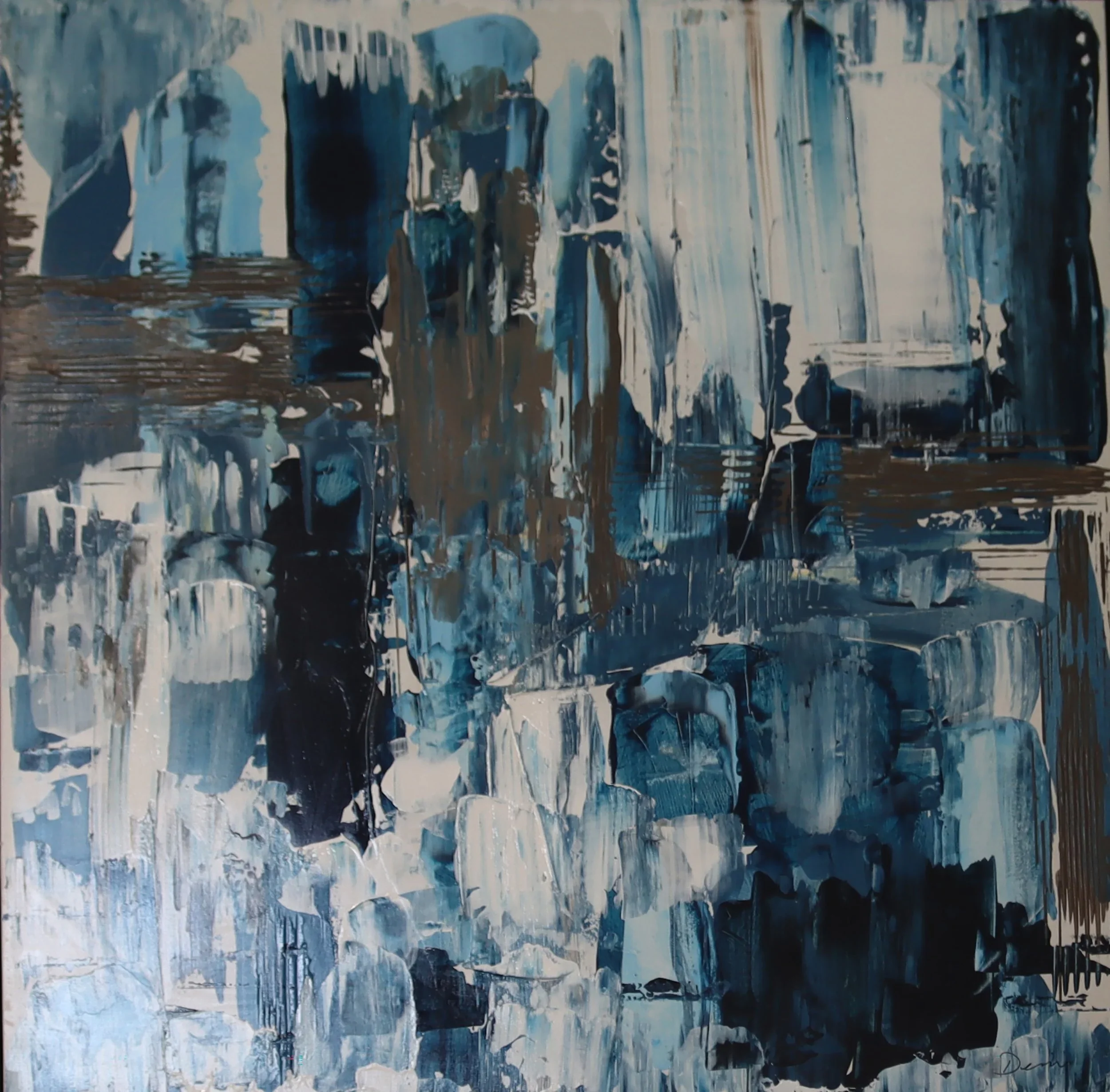 Square abstract acrylic with luminous white light emerging from layered tones — a meditation on presence and the unseen — 41 x 41 inches — by Dennis Flaherty