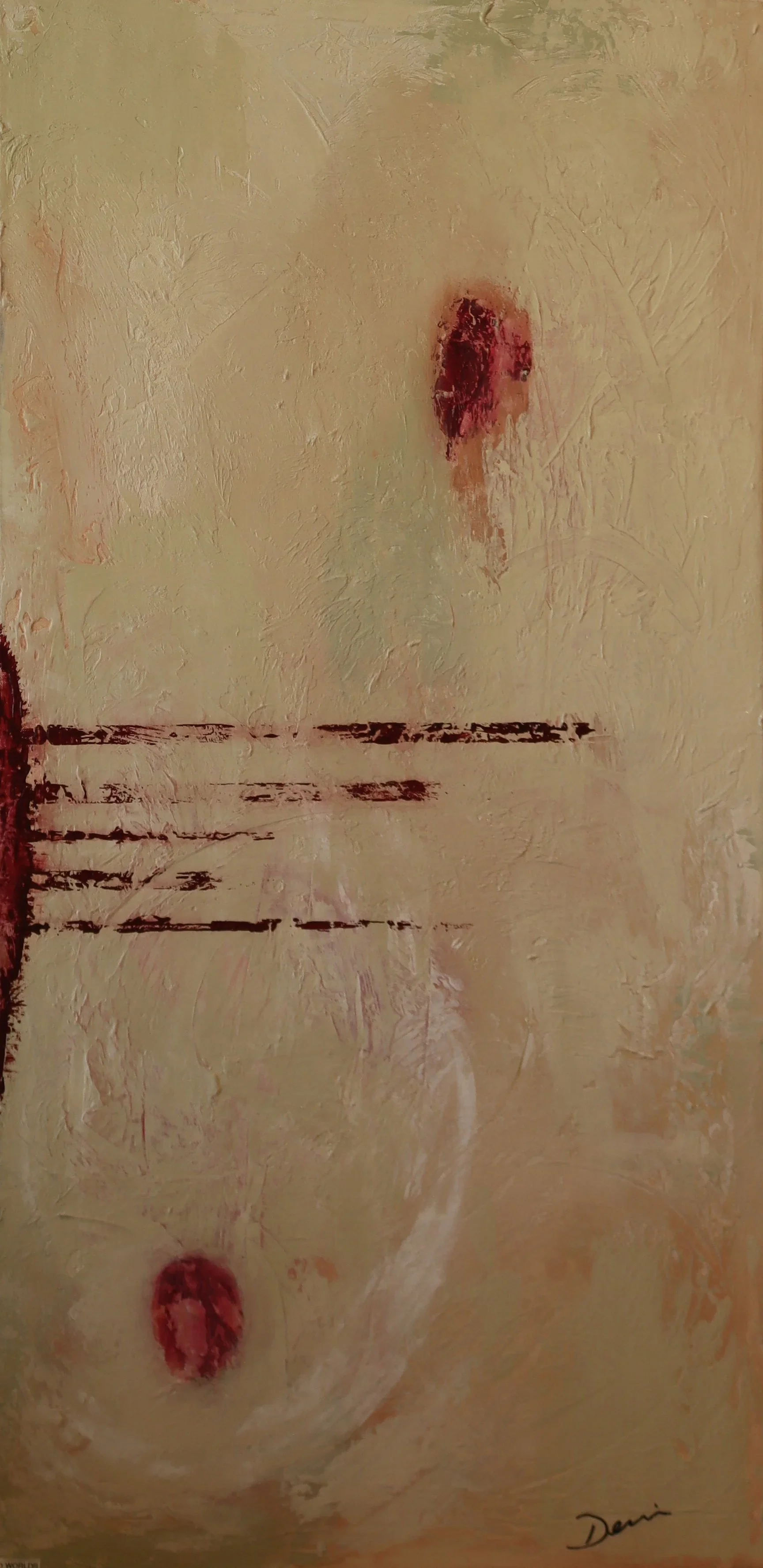 Vertical abstract acrylic in layered earth tones evoking the emergence of new life and beginnings — 24 x 48 inches — by Dennis Flaherty