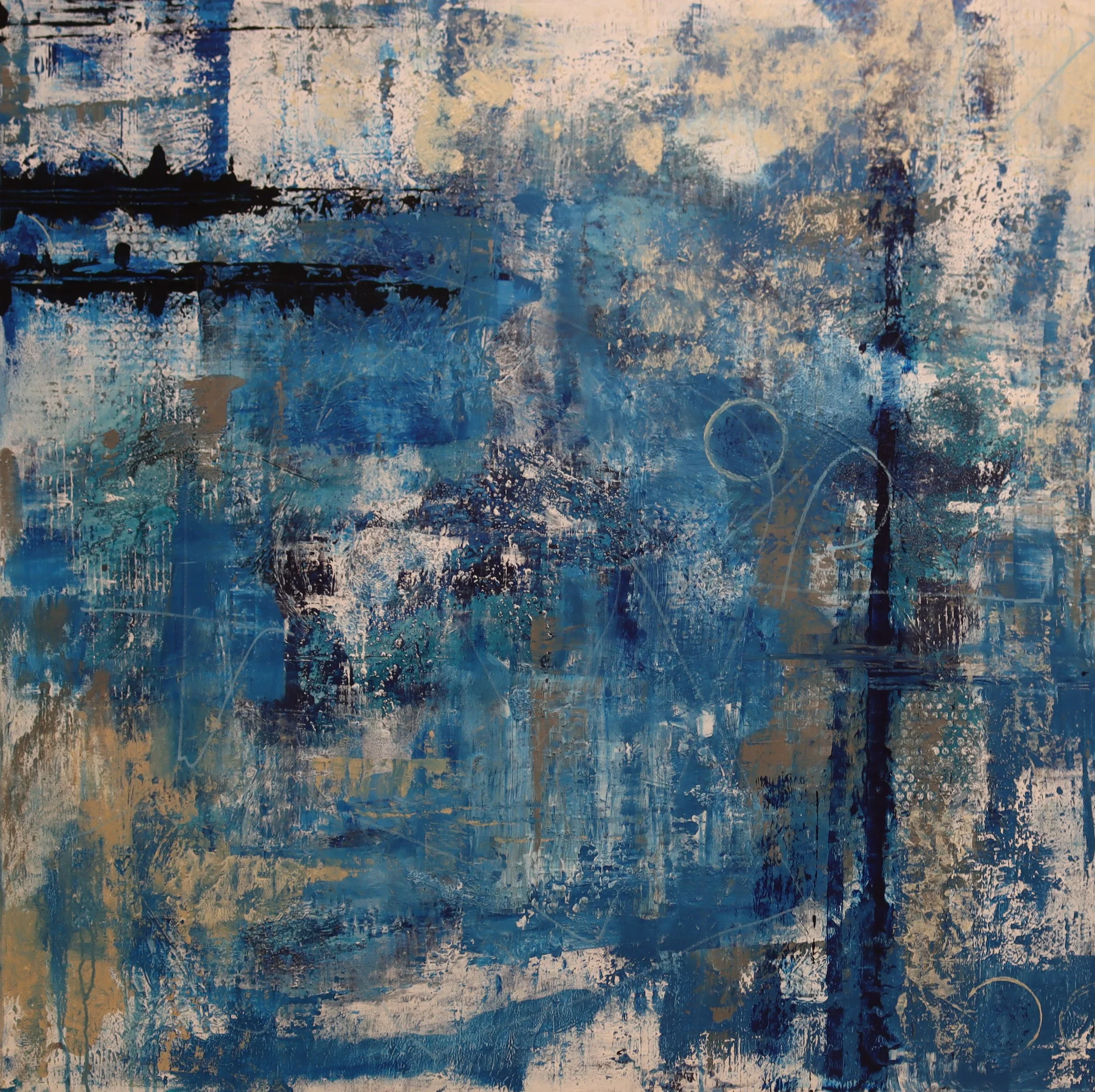 Square abstract acrylic in bright blue and cool white tones evoking snow-dusted winter branches against an open sky — 48 x 48 inches — by Dennis Flaherty